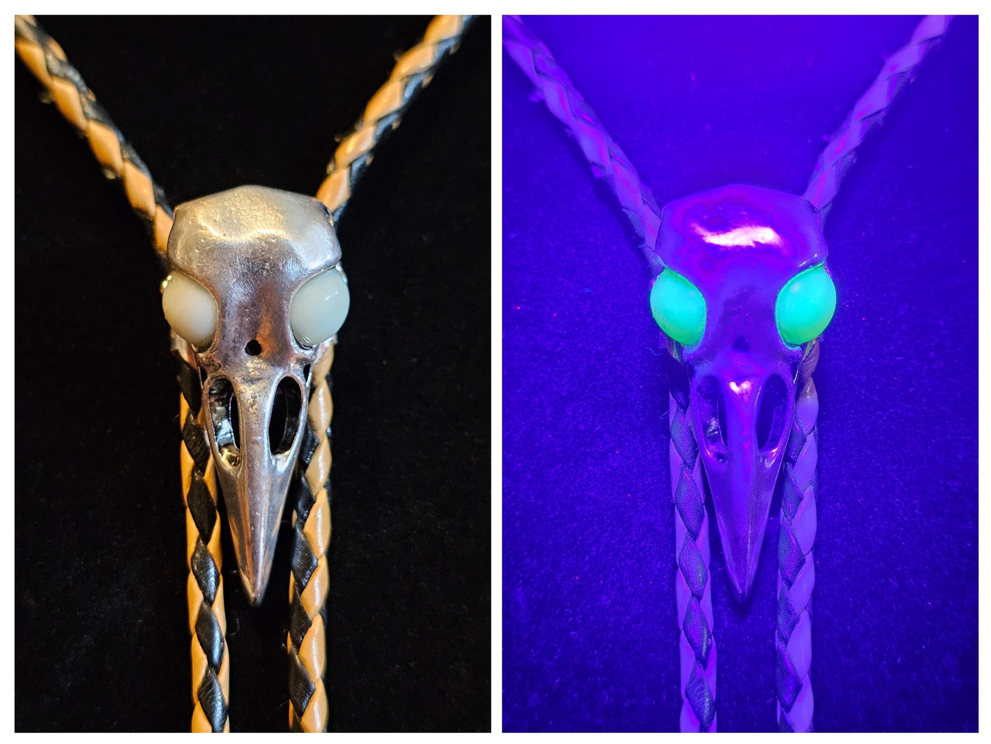 Uranium Glass Bolo Tie Raven skull design leather cord, heavy tips, with vintage Uranium Glass 10 mm beads that glow under black / UV light