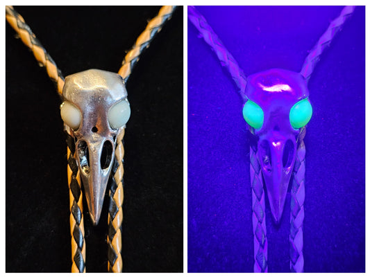 Uranium Glass Bolo Tie Raven skull design leather cord, heavy tips, with vintage Uranium Glass 10 mm beads that glow under black / UV light