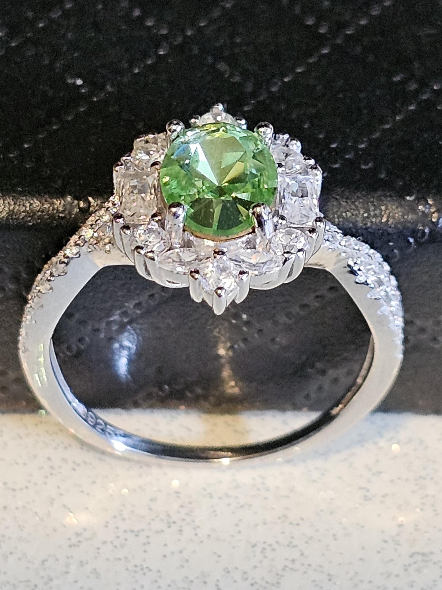 Uranium Glass Oval cut Ring size 7, new Sterling Silver with CZ accents and a vintage Uranium glass stone that glows under black / UV light