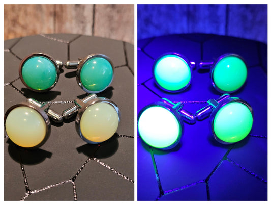 Uranium Glass Cufflinks Titanium 15 mm Round cut Round top Cabochons that are vintage Uranium Glass stones that glow under black / UV light