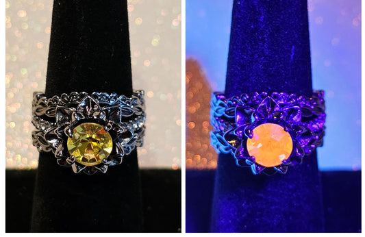 Cadmium Glass Round cut flower ring new Black plated size 6, 7, or 8 with vintage 7 mm Cadmium glass stone that glows under black / UV light