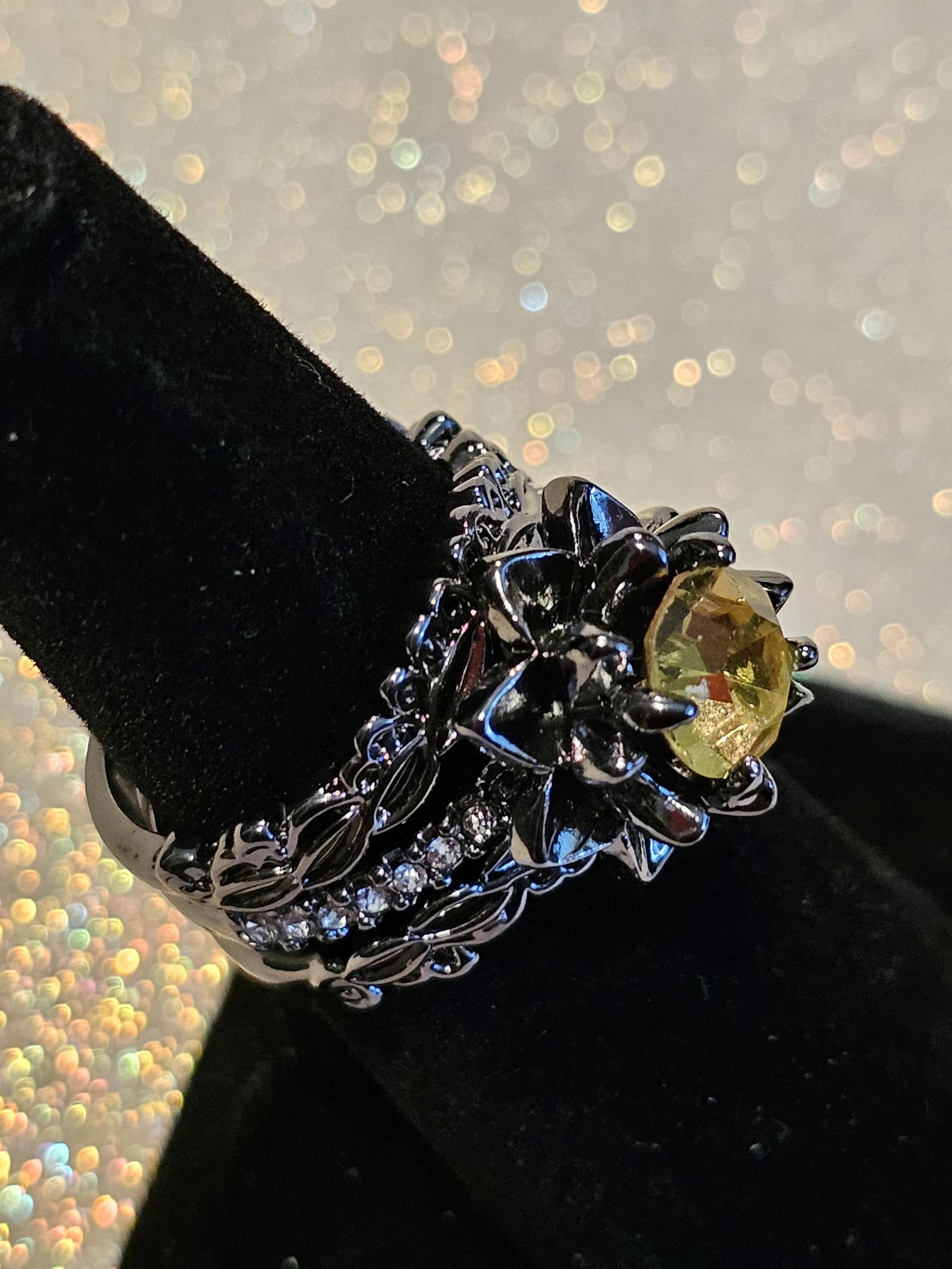 Cadmium Glass Round cut flower ring new Black plated size 6, 7, or 8 with vintage 7 mm Cadmium glass stone that glows under black / UV light
