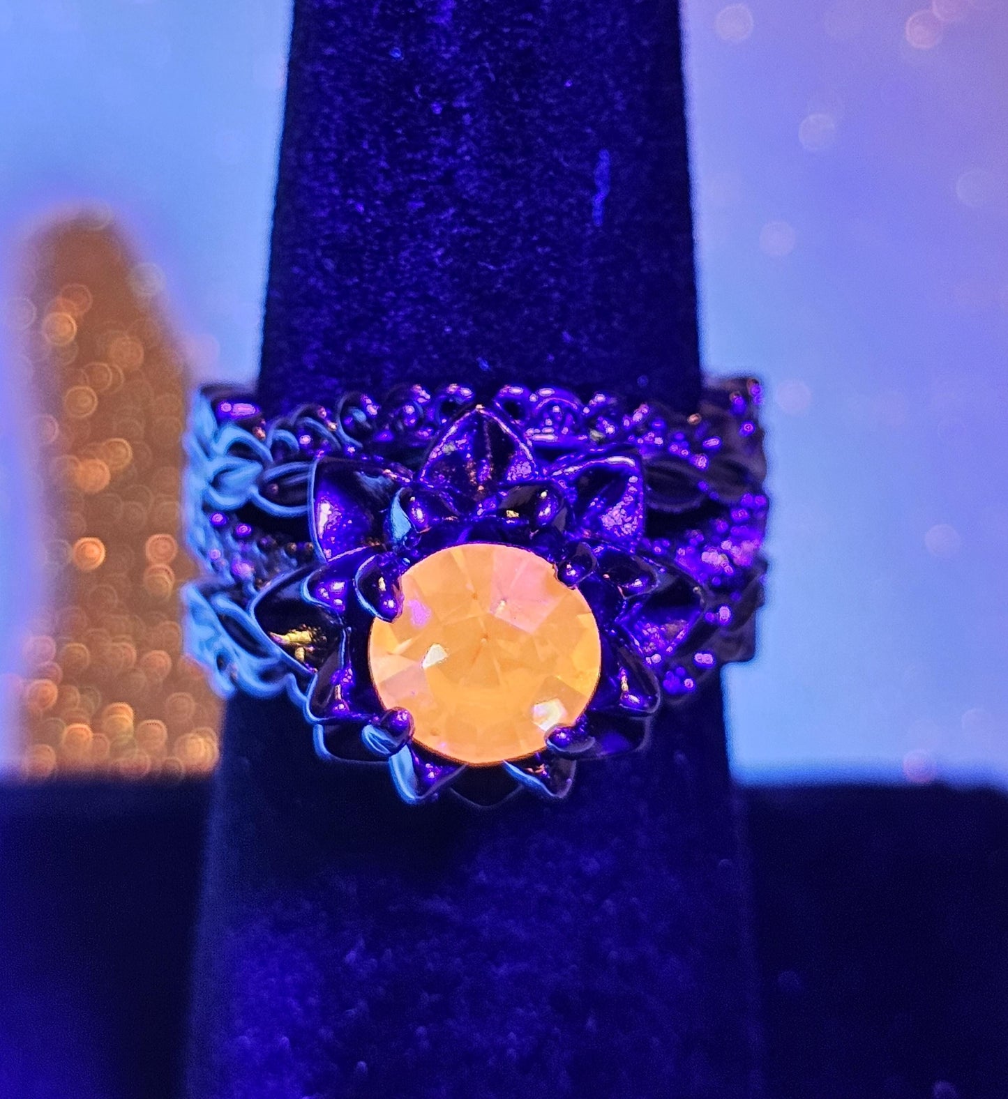 Cadmium Glass Round cut flower ring new Black plated size 6, 7, or 8 with vintage 7 mm Cadmium glass stone that glows under black / UV light