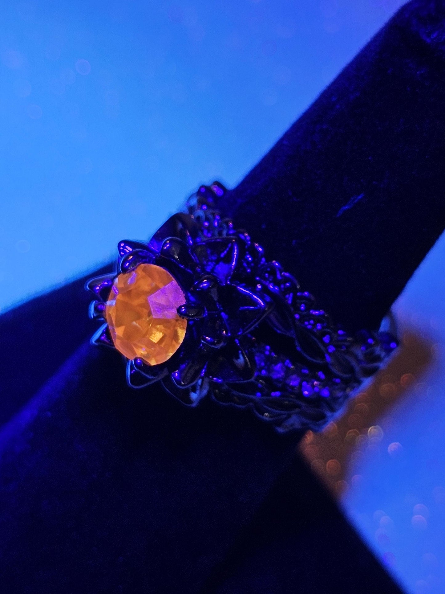 Cadmium Glass Round cut flower ring new Black plated size 6, 7, or 8 with vintage 7 mm Cadmium glass stone that glows under black / UV light