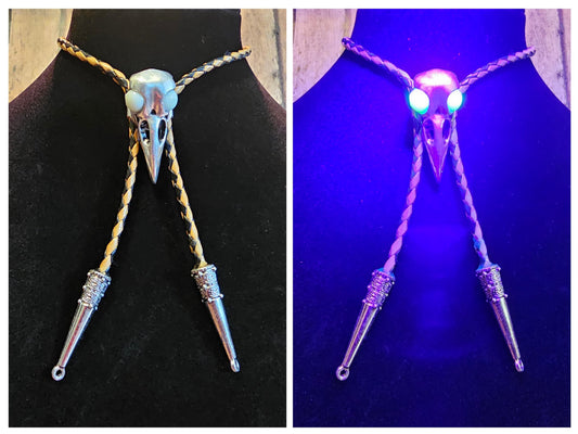 Uranium Glass Bolo Tie Raven skull design leather cord, Charm tips, with vintage Uranium Glass 10 mm beads that glow under black / UV light