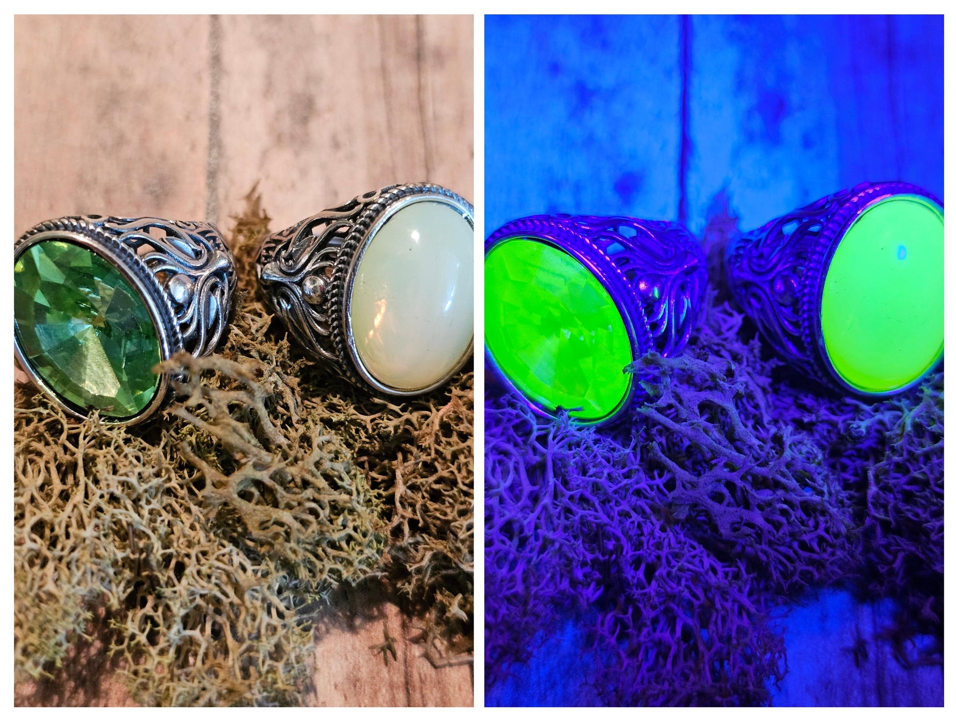 Uranium Glass Men's Ring Adjustable with 18x13 mm vintage Uranium glass Opal or Green colored stone that glows under black / UV light