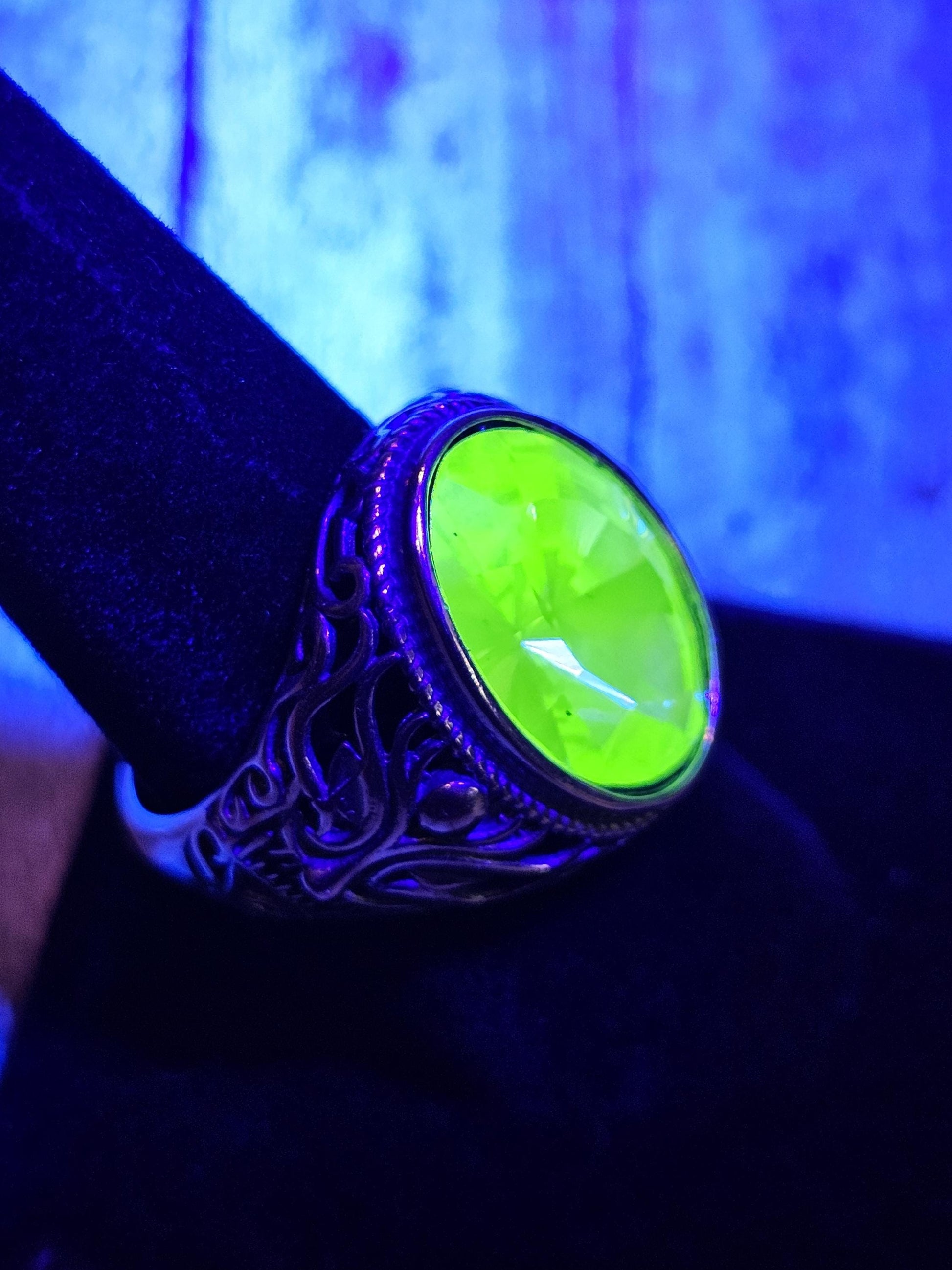 Uranium Glass Men's Ring Adjustable with 18x13 mm vintage Uranium glass Opal or Green colored stone that glows under black / UV light