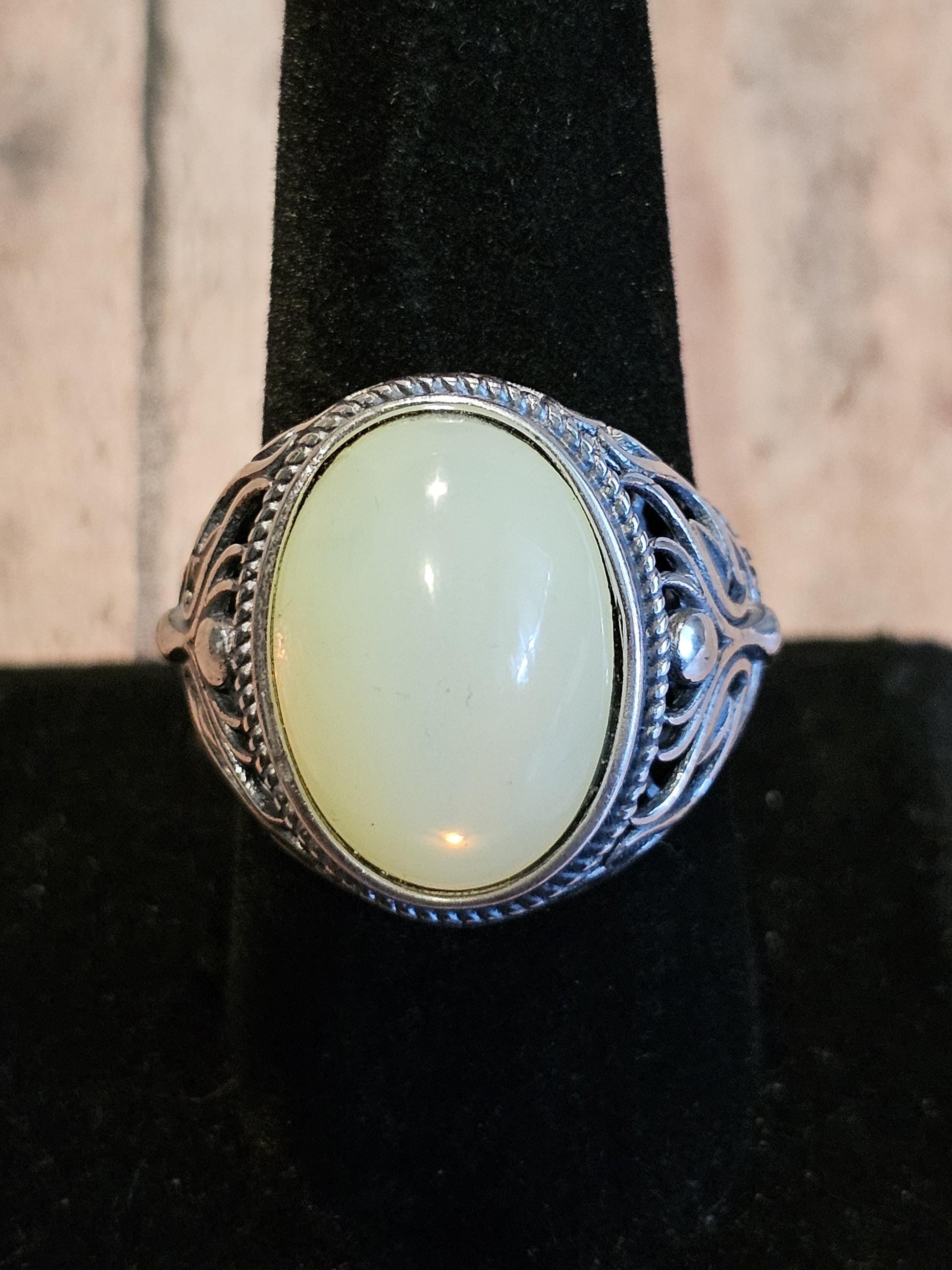 Uranium Glass Men's Ring Adjustable with 18x13 mm vintage Uranium glass Opal or Green colored stone that glows under black / UV light