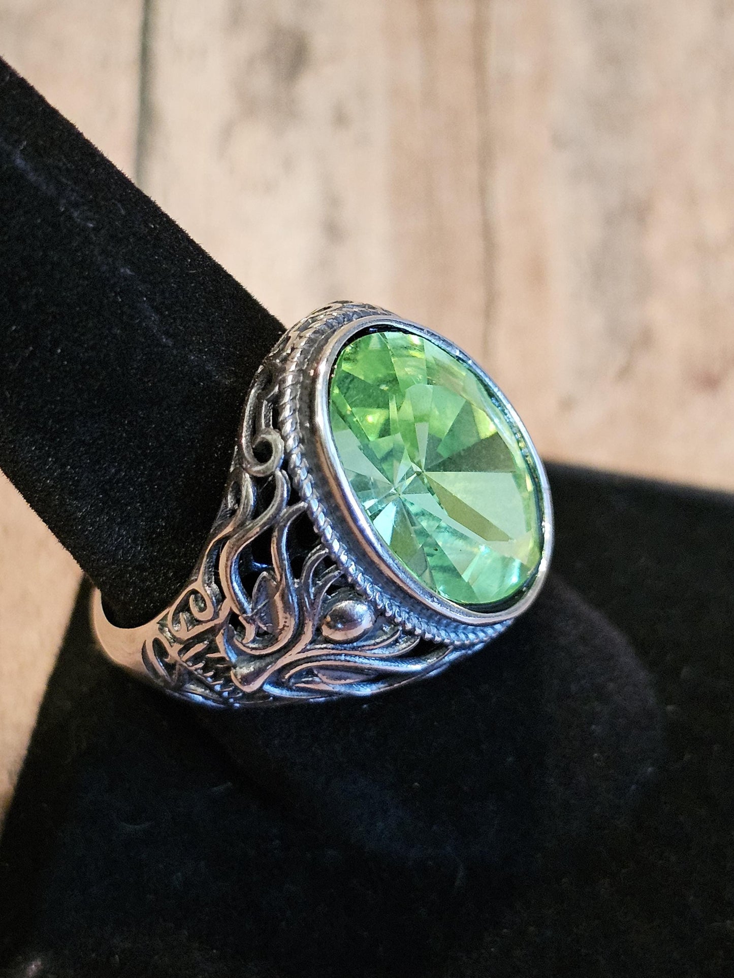 Uranium Glass Men's Ring Adjustable with 18x13 mm vintage Uranium glass Opal or Green colored stone that glows under black / UV light