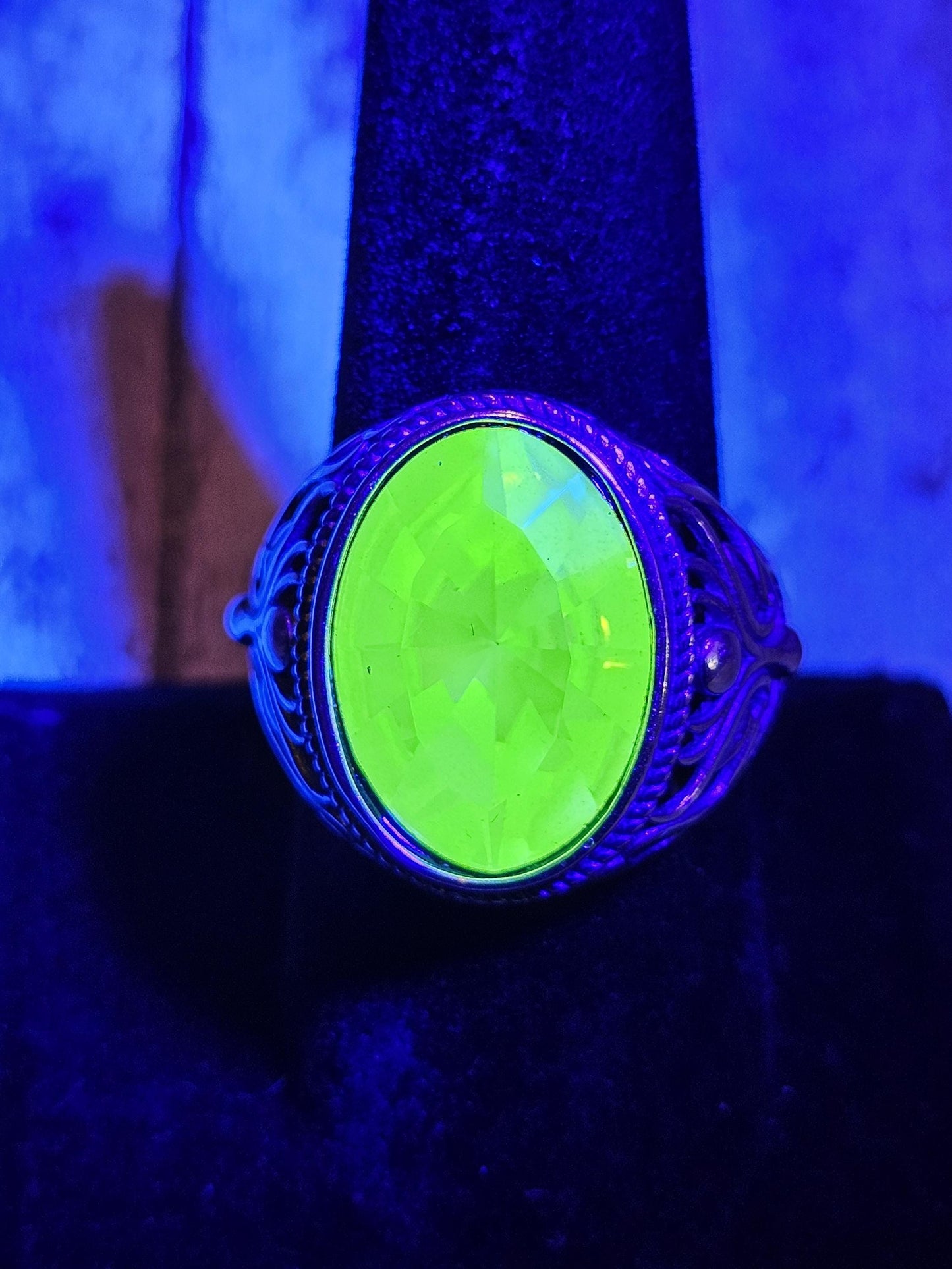 Uranium Glass Men's Ring Adjustable with 18x13 mm vintage Uranium glass Opal or Green colored stone that glows under black / UV light