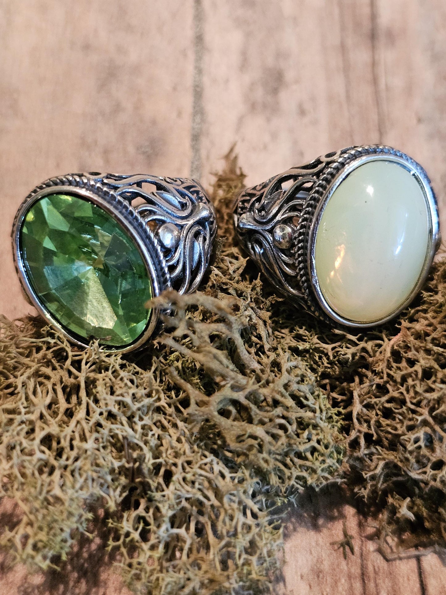 Uranium Glass Men's Ring Adjustable with 18x13 mm vintage Uranium glass Opal or Green colored stone that glows under black / UV light