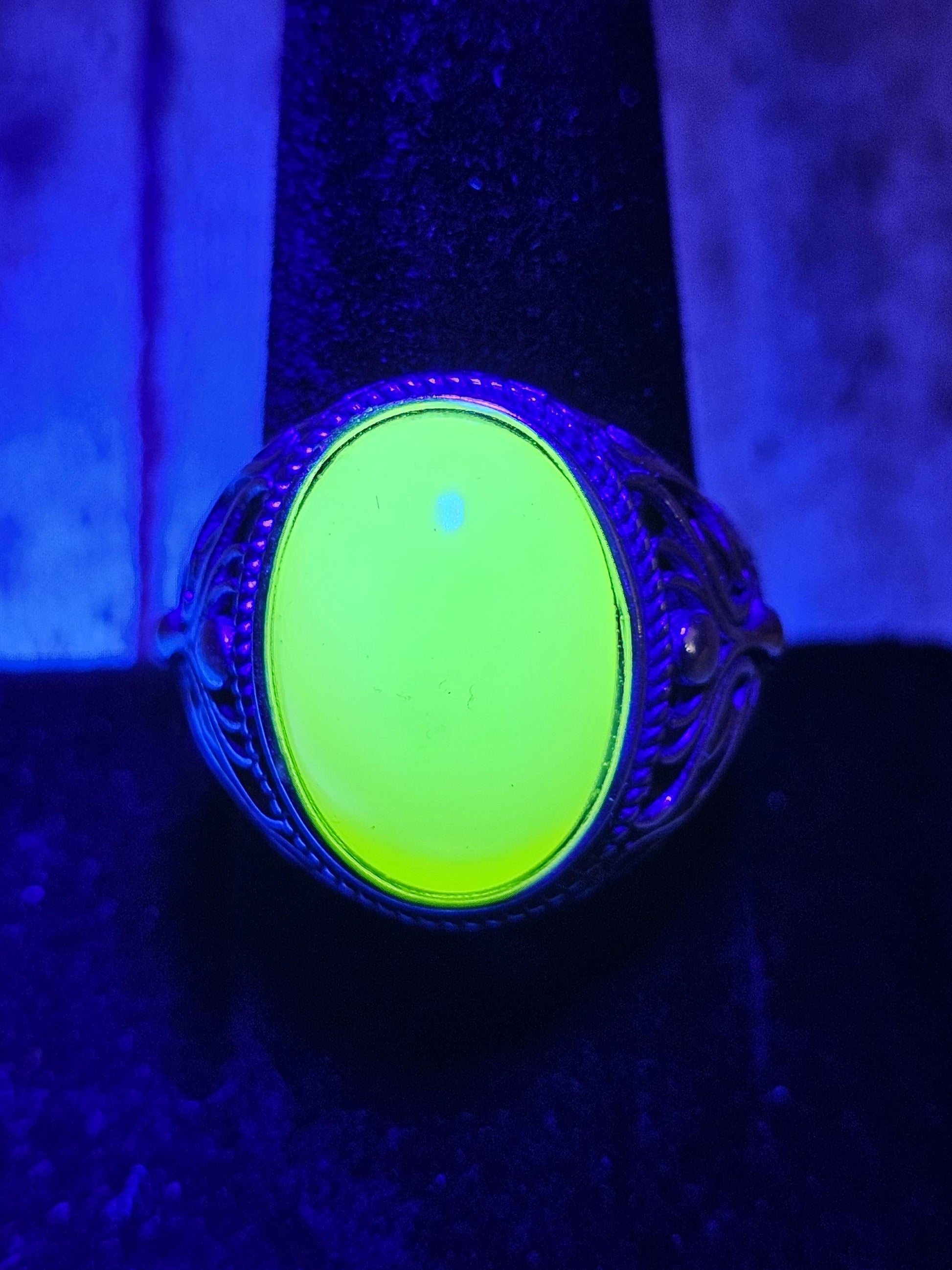 Uranium Glass Men's Ring Adjustable with 18x13 mm vintage Uranium glass Opal or Green colored stone that glows under black / UV light