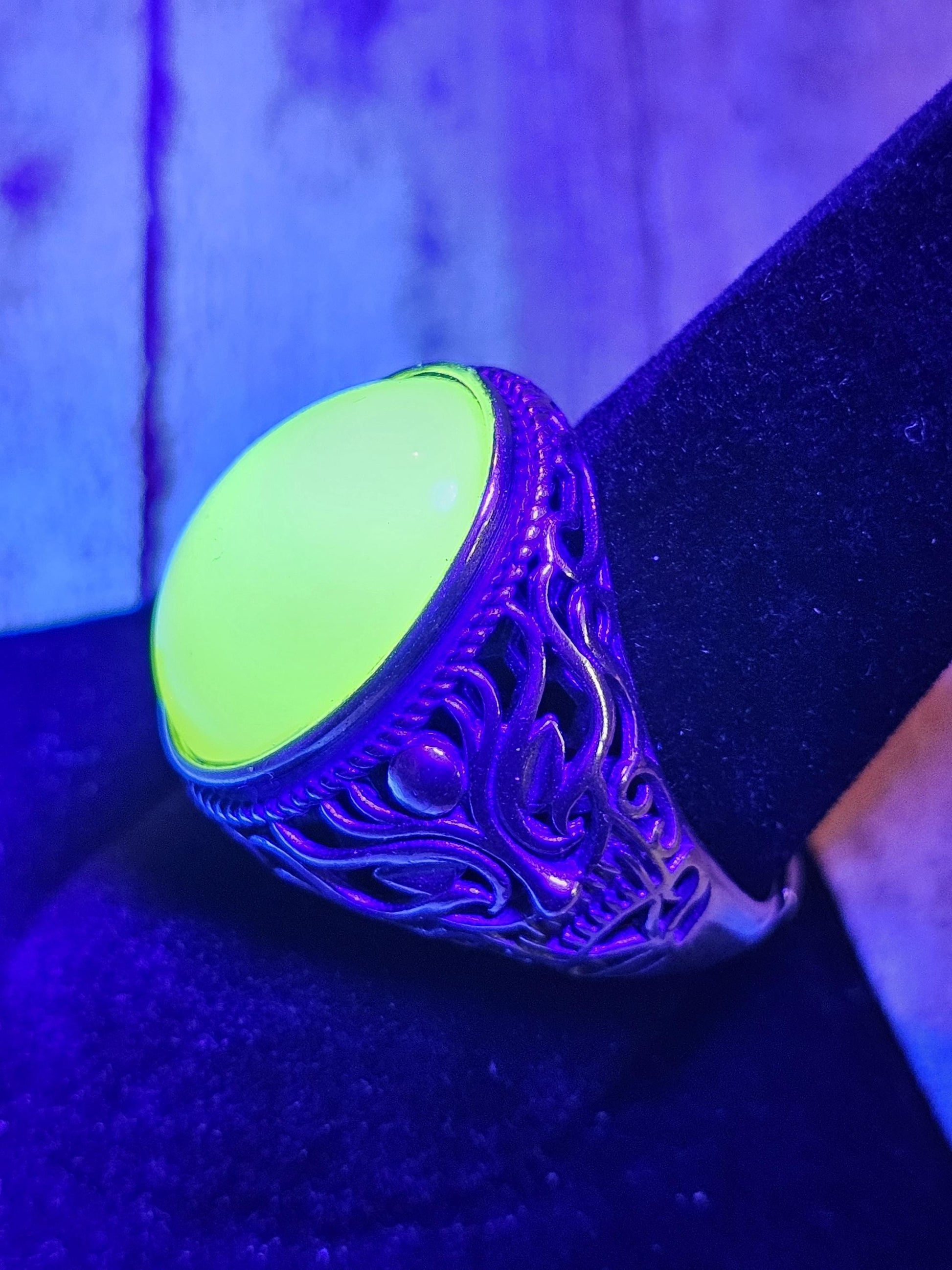 Uranium Glass Men's Ring Adjustable with 18x13 mm vintage Uranium glass Opal or Green colored stone that glows under black / UV light