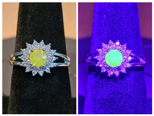 Uranium Glass Round cut Ring Halo style new Sterling Silver size 7 with vintage Yellow Uranium glass stone that glows under black / UV light
