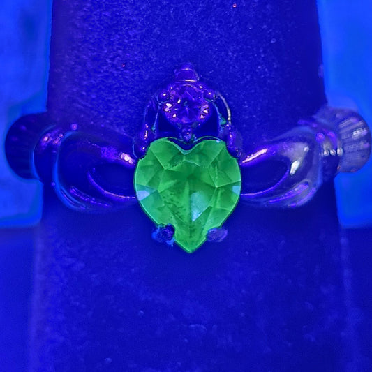 Uranium Glass Heart cut Claddagh Ring in size 6 to 10 new Sterling Silver with a vintage Uranium glass stone that glows under black/UV light