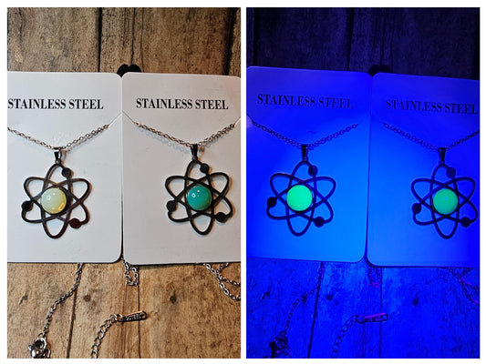 Uranium Glass Pendant in Stainless Steel setting with vintage 11 mm Round cut Cabochon Uranium Glass stone that glows under black / UV light