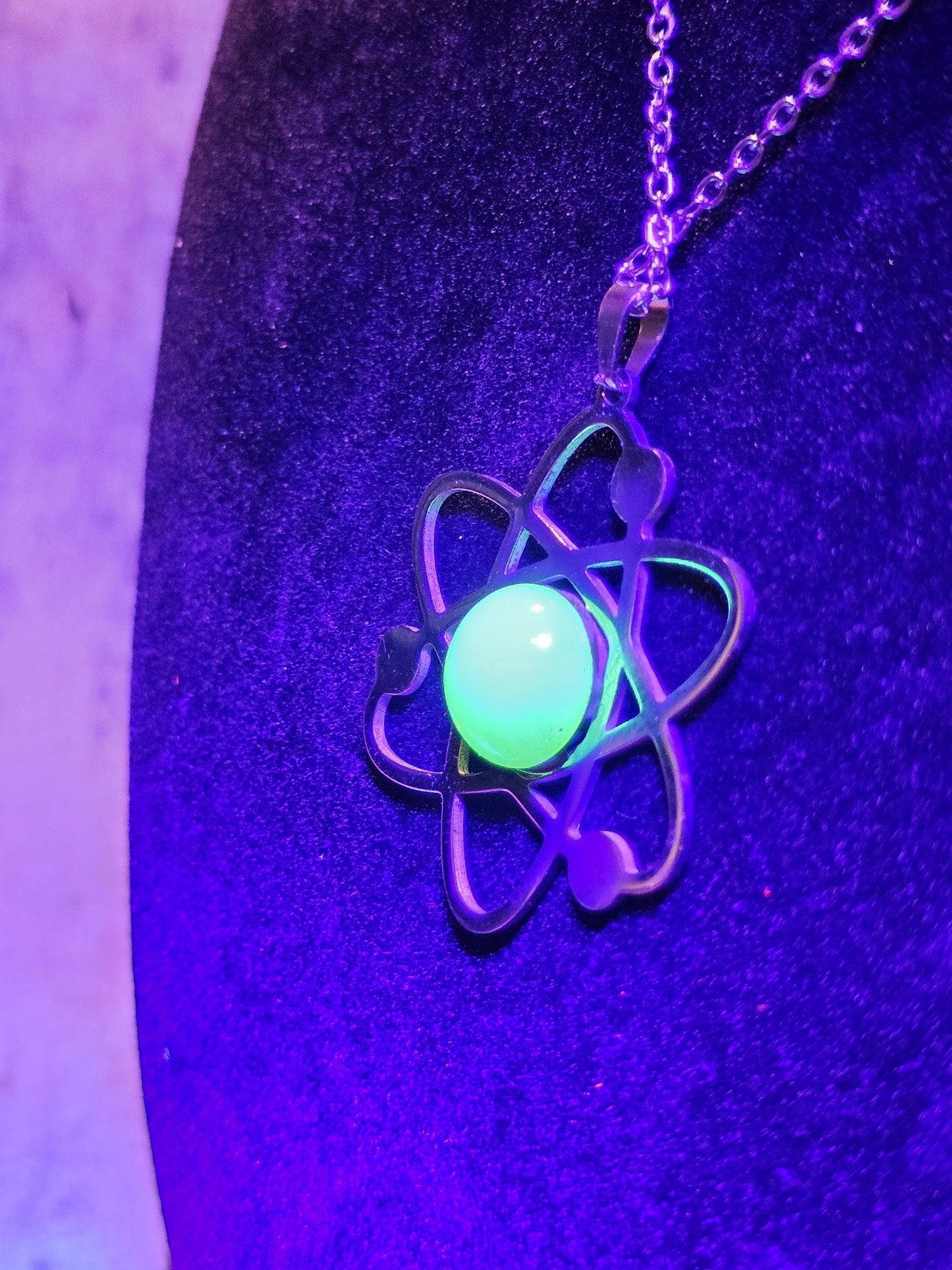 Uranium Glass Pendant in Stainless Steel setting with vintage 11 mm Round cut Cabochon Uranium Glass stone that glows under black / UV light