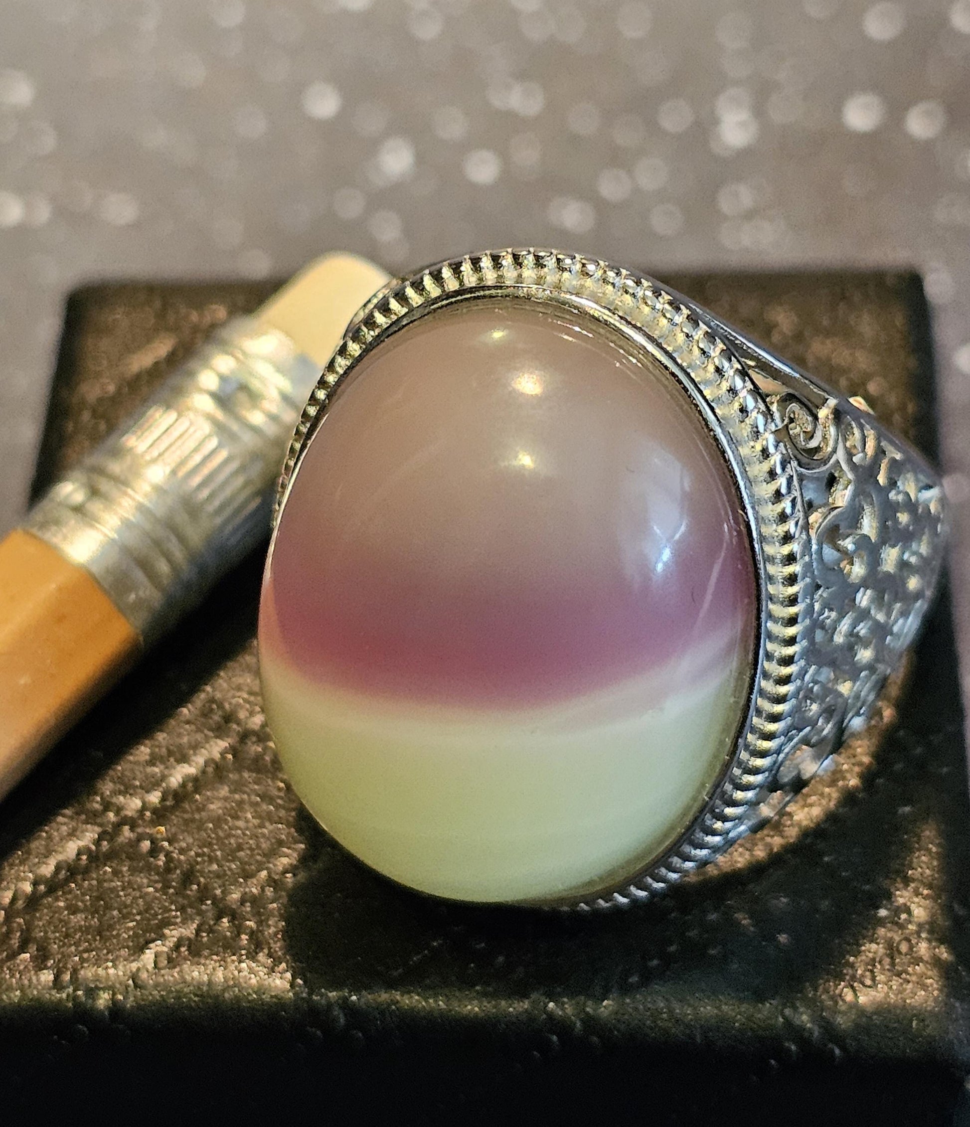 Uranium Glass Adjustable ring Unisex with 23x18 mm vintage Uranium glass Cabochon cut opal colored Oval stone that glows under black/UV ligh