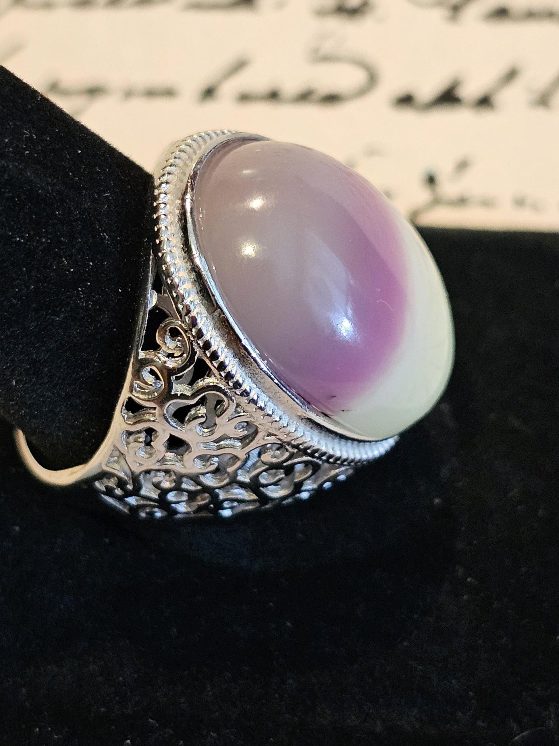 Uranium Glass Adjustable ring Unisex with 23x18 mm vintage Uranium glass Cabochon cut opal colored Oval stone that glows under black/UV ligh