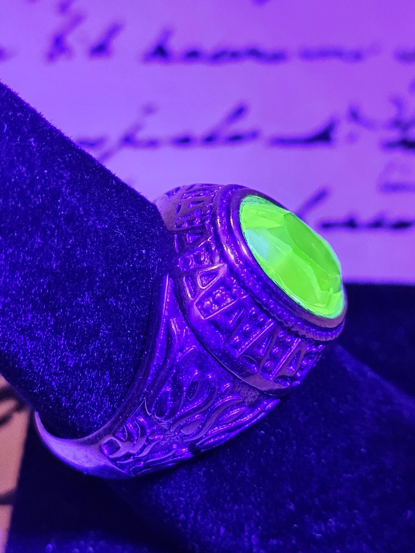 Uranium Glass Men's Ring Adjustable new Sterling Silver with a 12x8 mm vintage Uranium glass Oval cut stone that glows under black/UV light