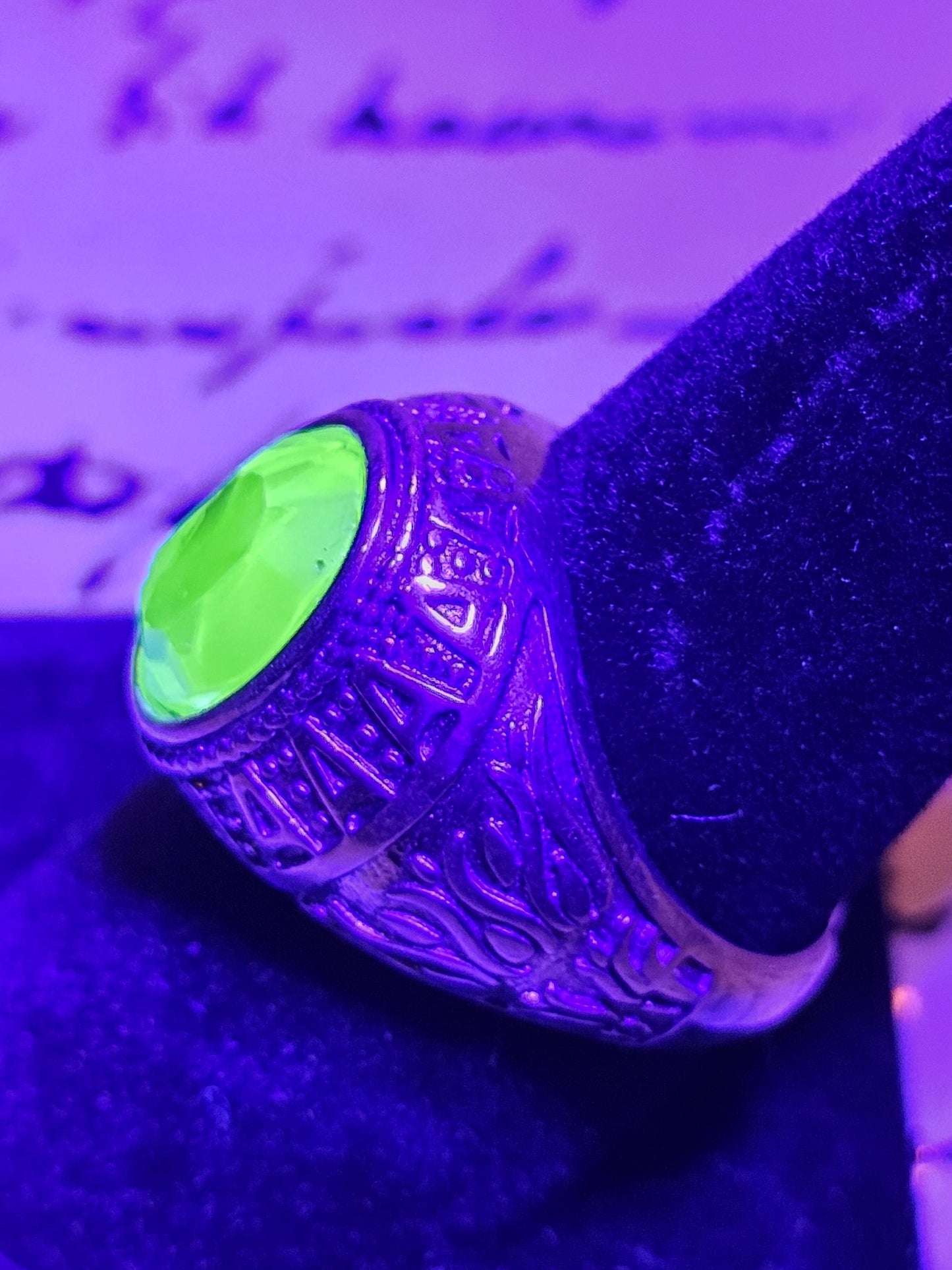 Uranium Glass Men's Ring Adjustable new Sterling Silver with a 12x8 mm vintage Uranium glass Oval cut stone that glows under black/UV light