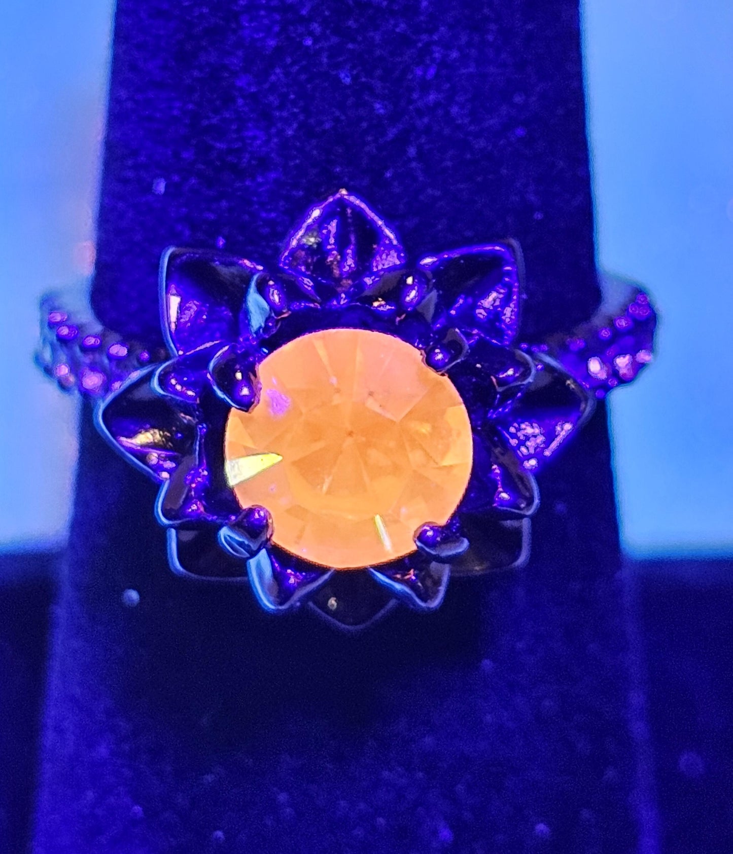 Cadmium Glass Round cut flower ring new Black plated size 6, 7, or 8 with vintage 7 mm Cadmium glass stone that glows under black / UV light