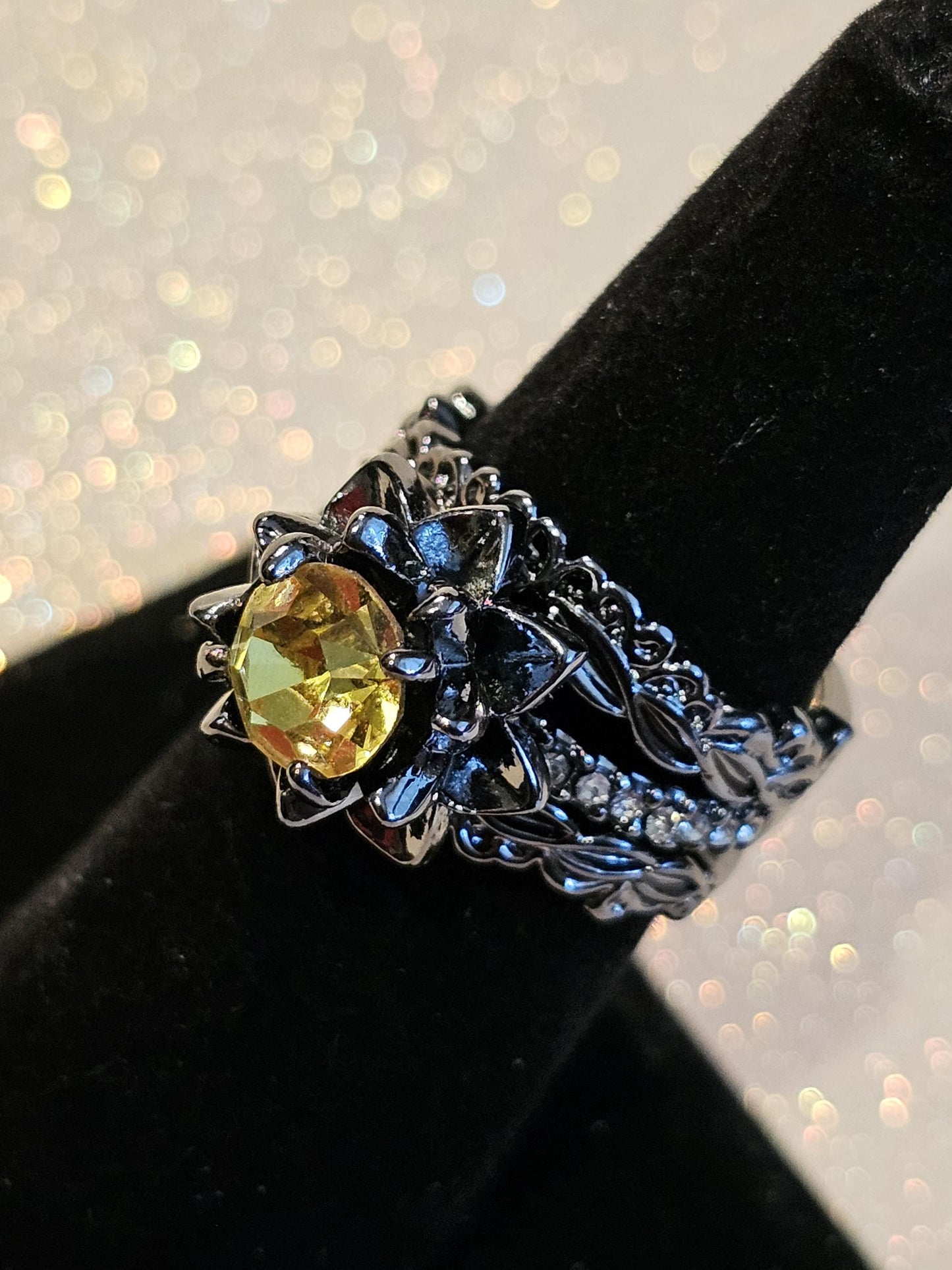 Cadmium Glass Round cut flower ring new Black plated size 6, 7, or 8 with vintage 7 mm Cadmium glass stone that glows under black / UV light