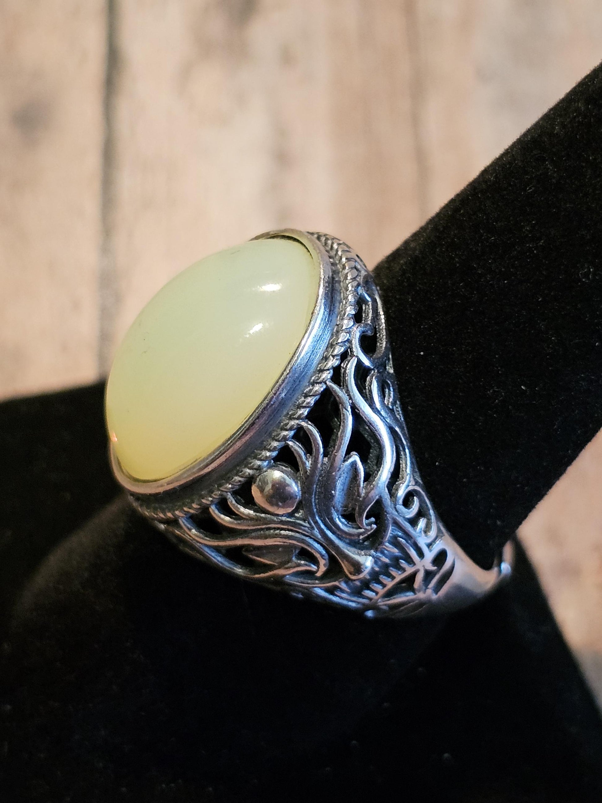 Uranium Glass Men's Ring Adjustable with 18x13 mm vintage Uranium glass Opal or Green colored stone that glows under black / UV light