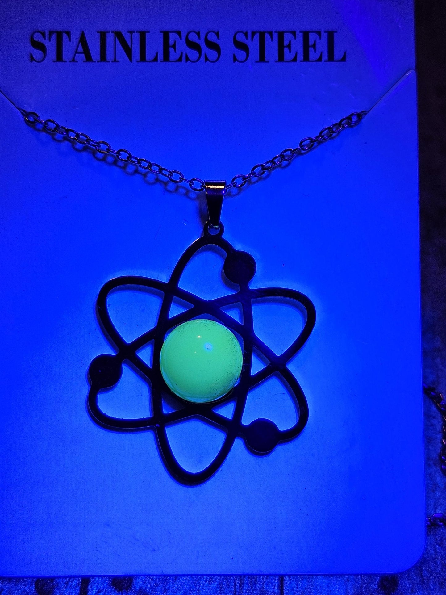 Uranium Glass Pendant in Stainless Steel setting with vintage 11 mm Round cut Cabochon Uranium Glass stone that glows under black / UV light