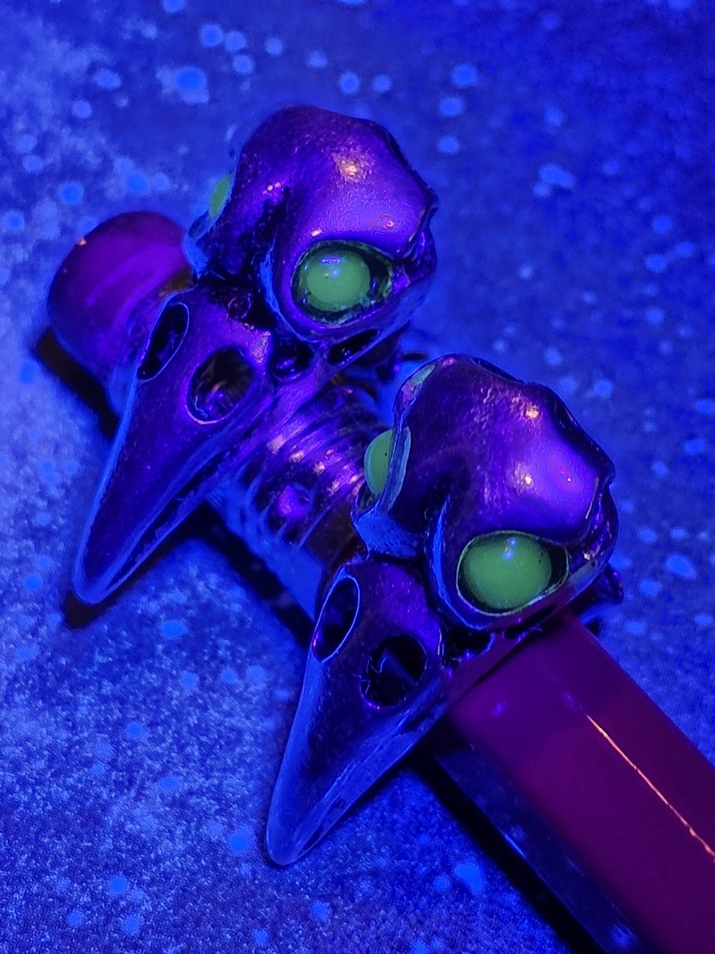 Uranium Glass Earrings Raven skull design with Sterling Silver posts. Vintage Round Uranium Glass Beads that glow under black/UV light
