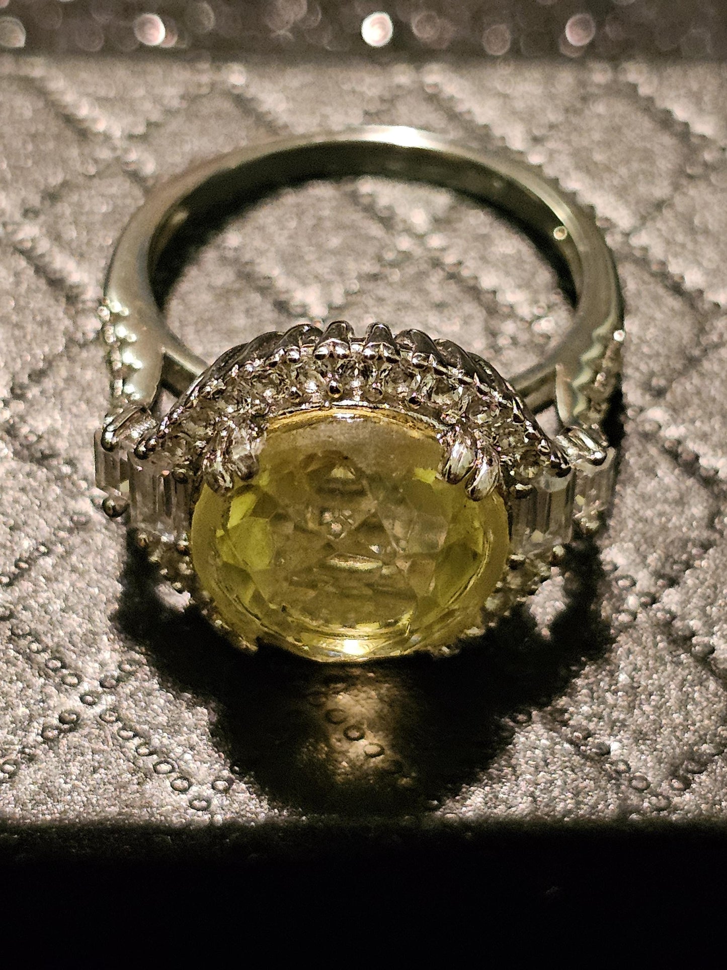 Uranium Glass Round cut Ring size 7.5 New Halo style Sterling Silver with a vintage Yellow Uranium glass stone that glows under black/UV lig