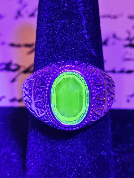 Uranium Glass Men's Ring Adjustable new Sterling Silver with a 12x8 mm vintage Uranium glass Oval cut stone that glows under black/UV light