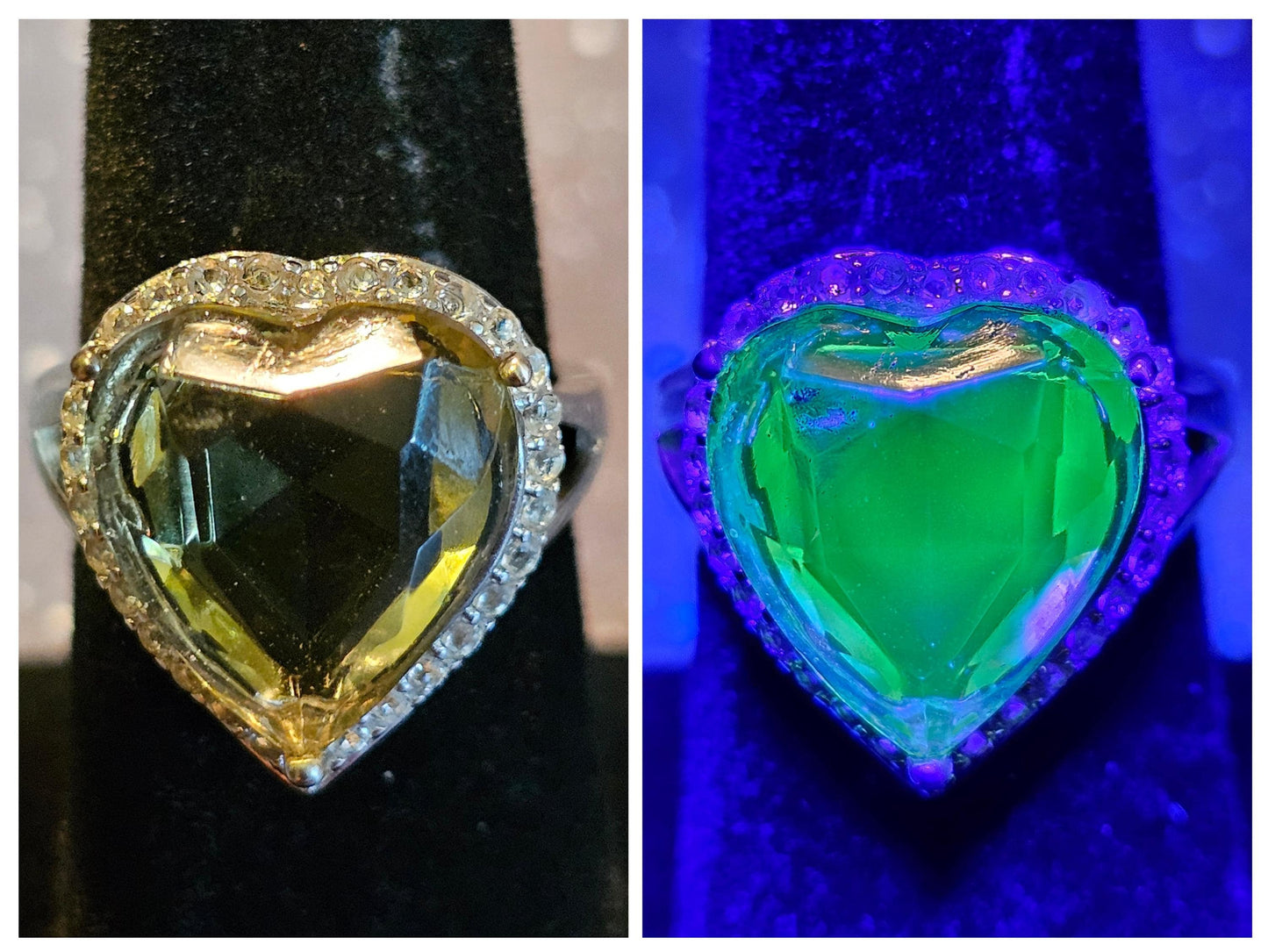 Uranium Glass Heart cut Ring size 7. New Sterling Silver with a vintage 15 mm Yellow Uranium glass stone that glows under black/UV light