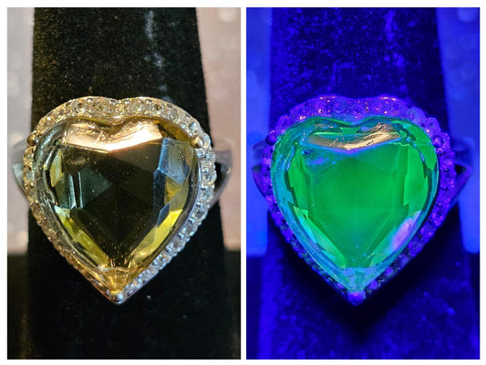 Uranium Glass Heart cut Ring size 7. New Sterling Silver with a vintage 15 mm Yellow Uranium glass stone that glows under black/UV light