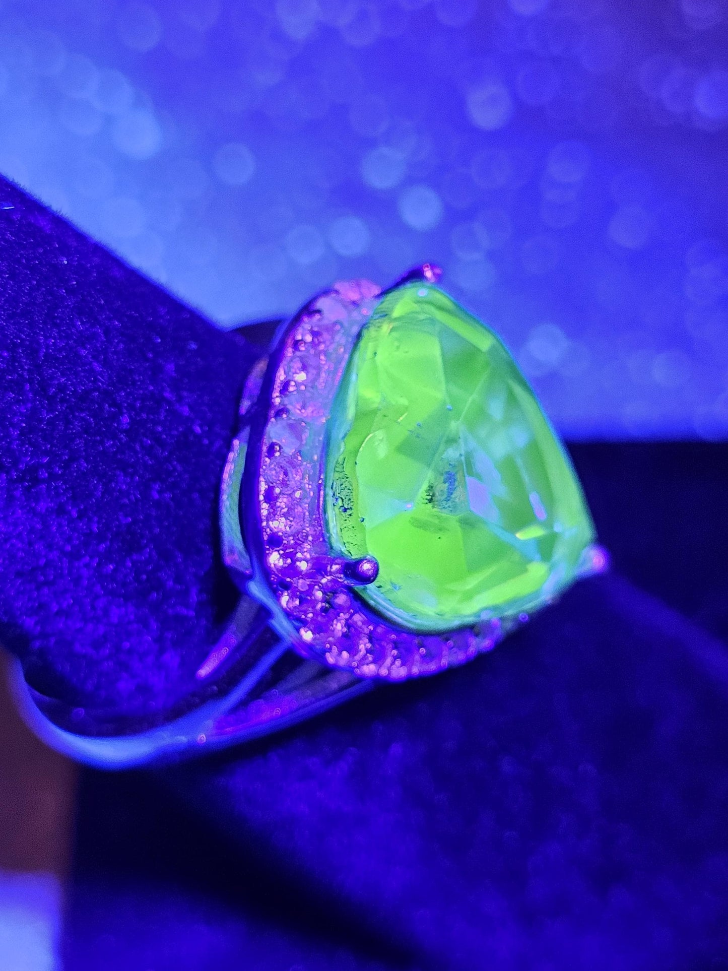 Uranium Glass Heart cut Ring size 7. New Sterling Silver with a vintage 15 mm Yellow Uranium glass stone that glows under black/UV light