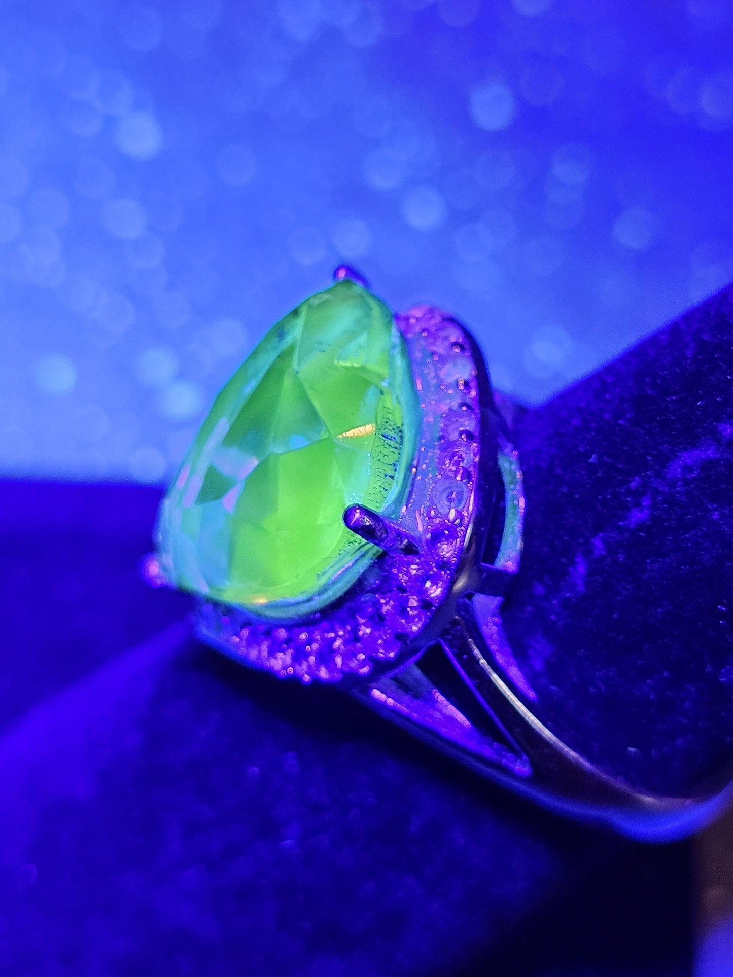Uranium Glass Heart cut Ring size 7. New Sterling Silver with a vintage 15 mm Yellow Uranium glass stone that glows under black/UV light