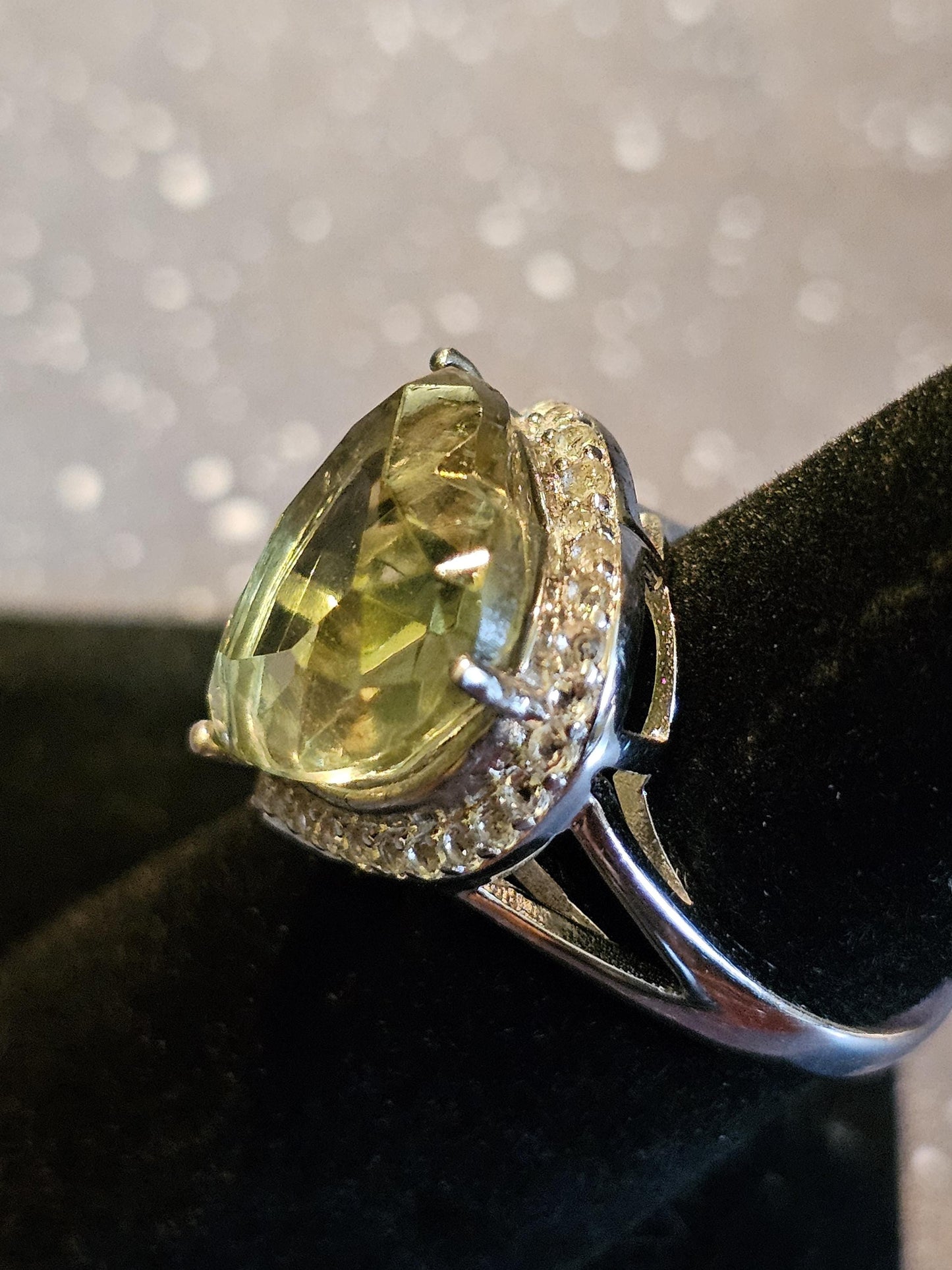 Uranium Glass Heart cut Ring size 7. New Sterling Silver with a vintage 15 mm Yellow Uranium glass stone that glows under black/UV light