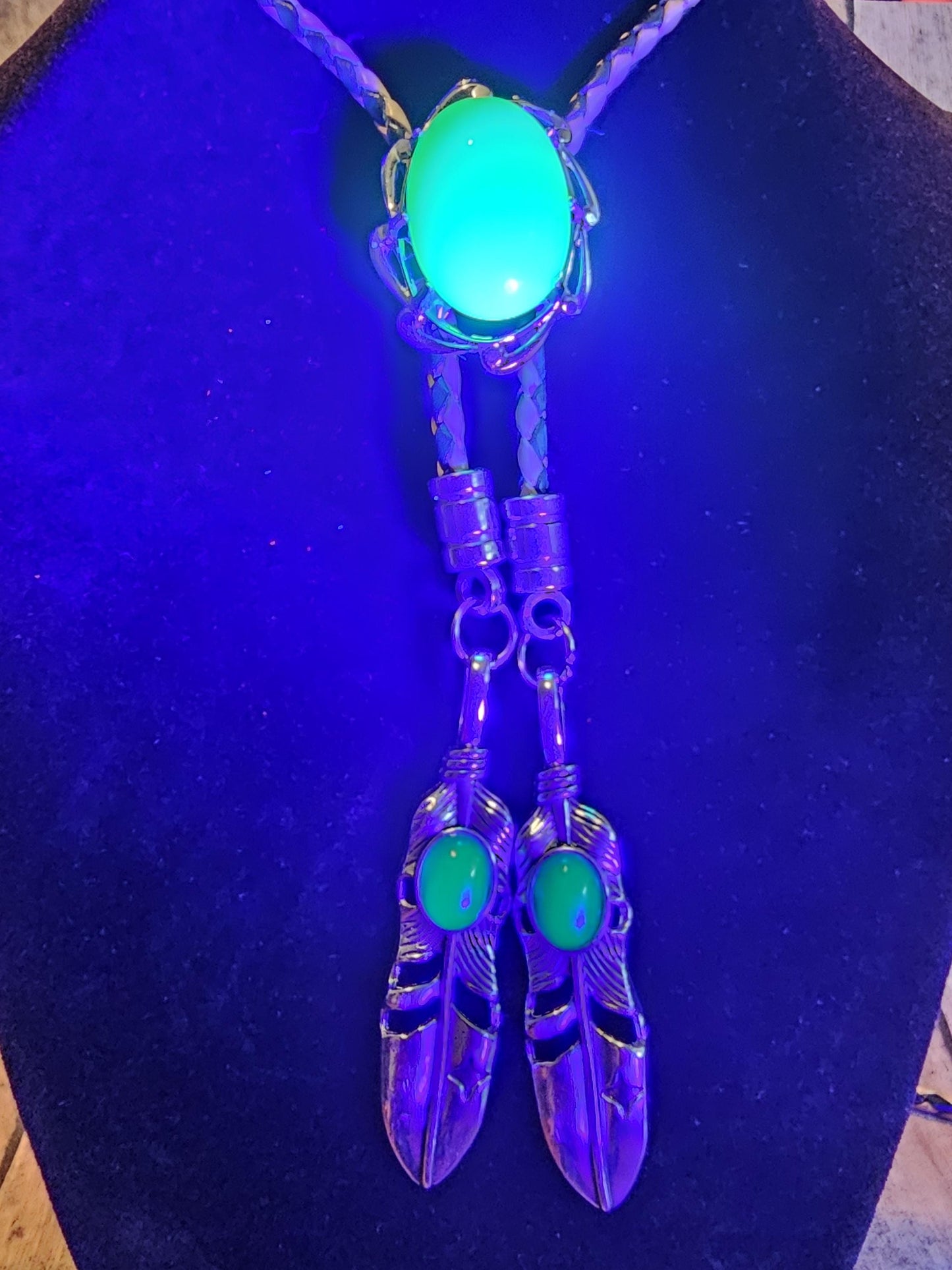 Uranium Glass Bolo Tie,  Leather cord, 4 tip choices vintage Jade/Green 25x18 mm Uranium Glass  stone that glow under black/UV light