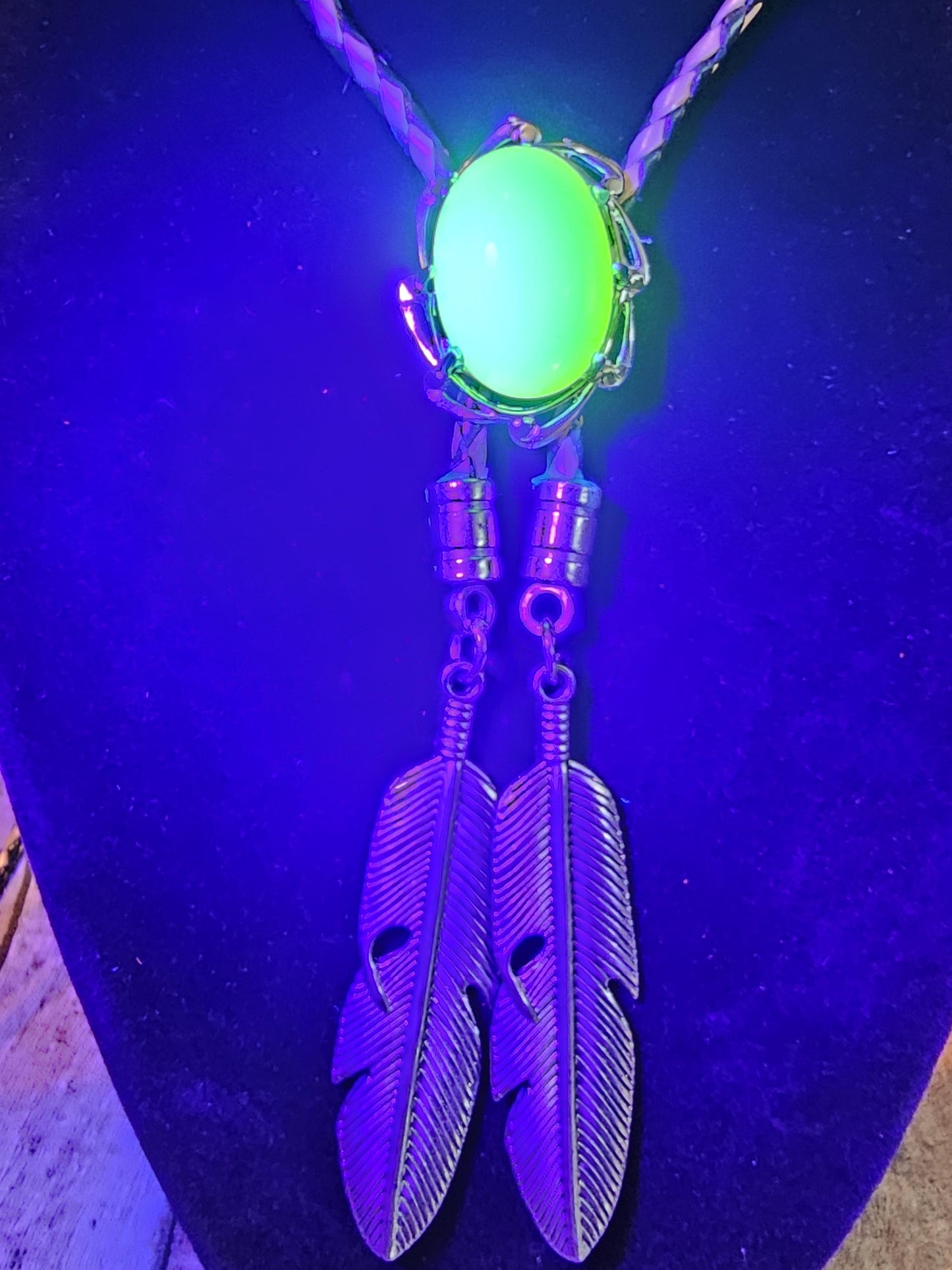 Uranium Glass Bolo Tie, Leather cord, 4 tip choices vintage White/Yellowish 25x18 mm Uranium Glass stone that glow under black/UV light