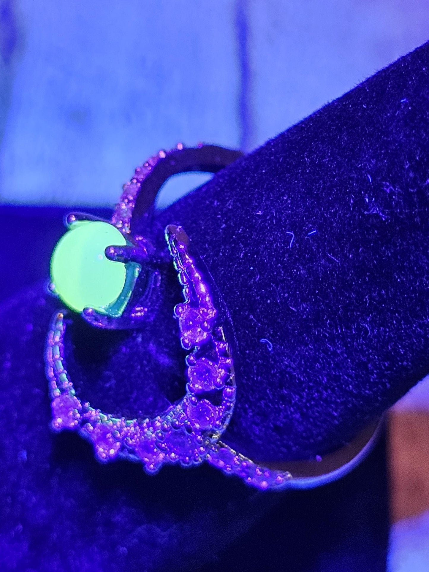Uranium Glass Adjustable Moon Ring new Sterling Silver Round cut 5 mm Opal colored vintage Uranium glass stones glows under black/UV light