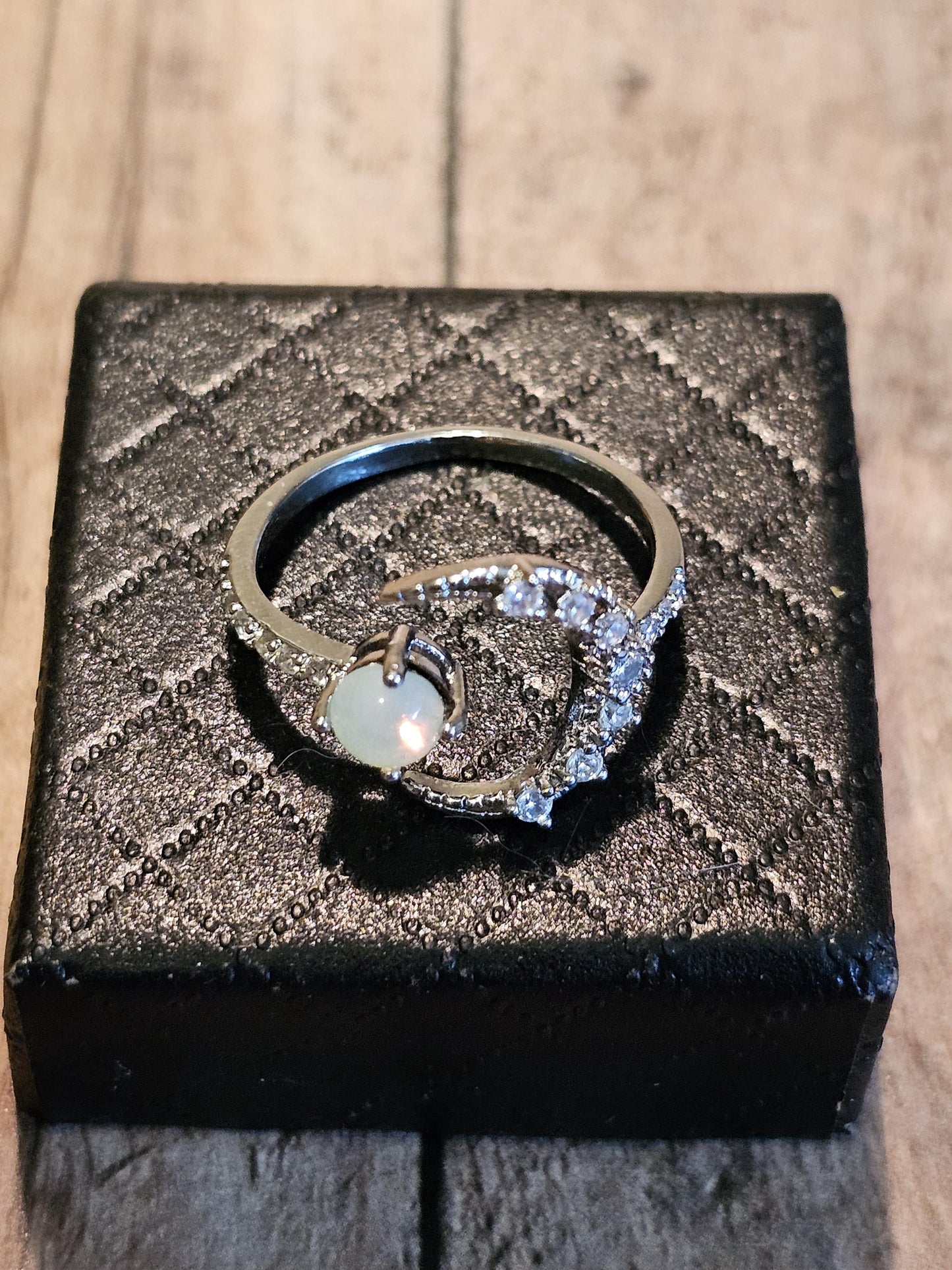 Uranium Glass Adjustable Moon Ring new Sterling Silver Round cut 5 mm Opal colored vintage Uranium glass stones glows under black/UV light