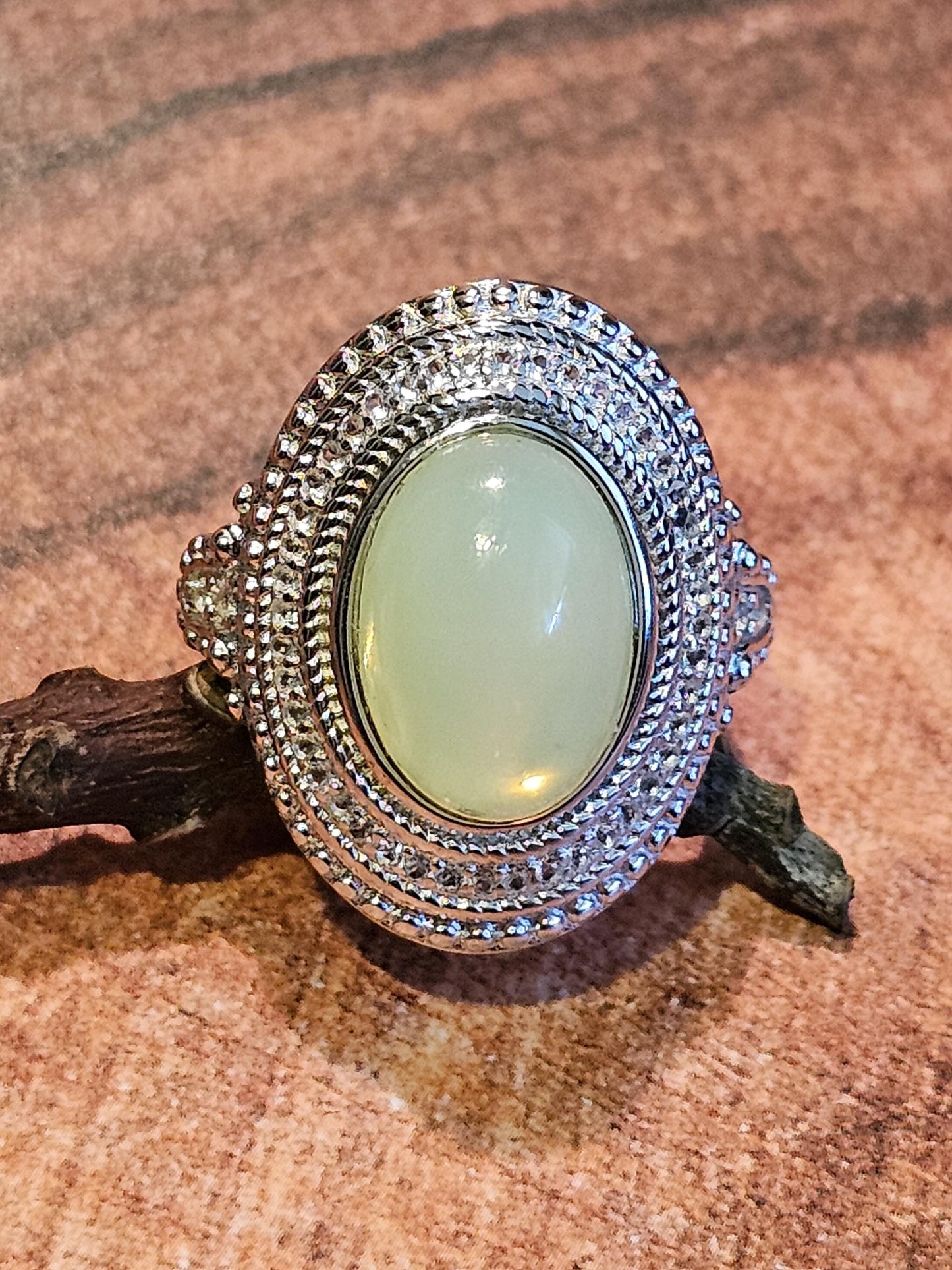 Uranium Glass Oval cut Ring vintage style size 7, new Sterling Silver with a vintage Uranium glass stone that glows under black/ UV light