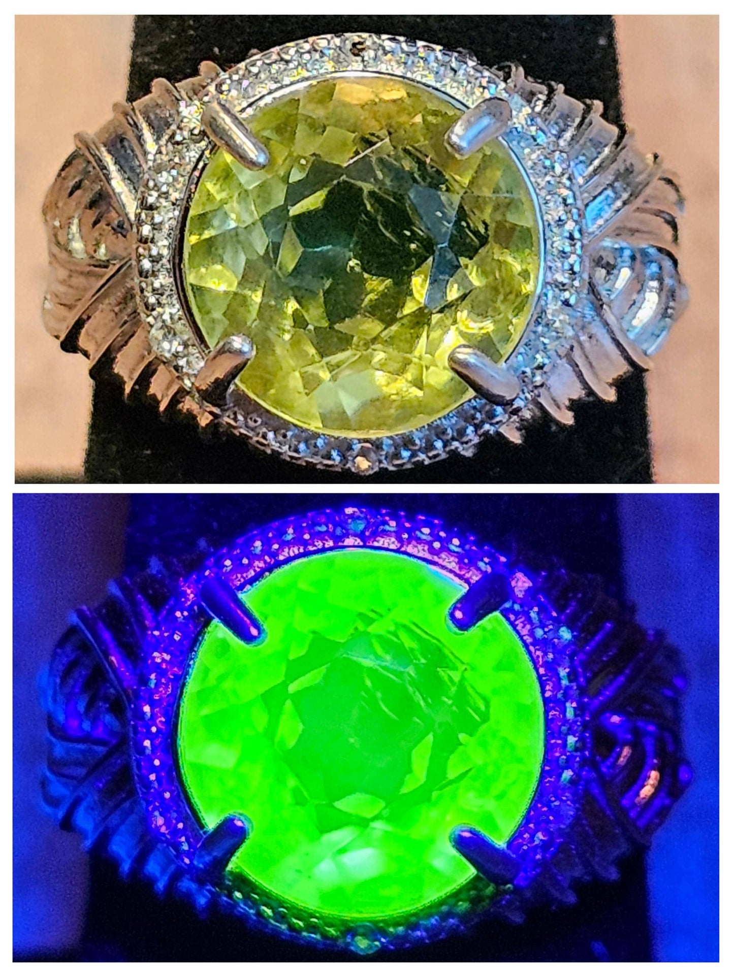 Uranium Glass Round cut Ring size 8.5 New Vintage style Sterling Silver with a vintage Uranium glass stone that glows under black/UV light