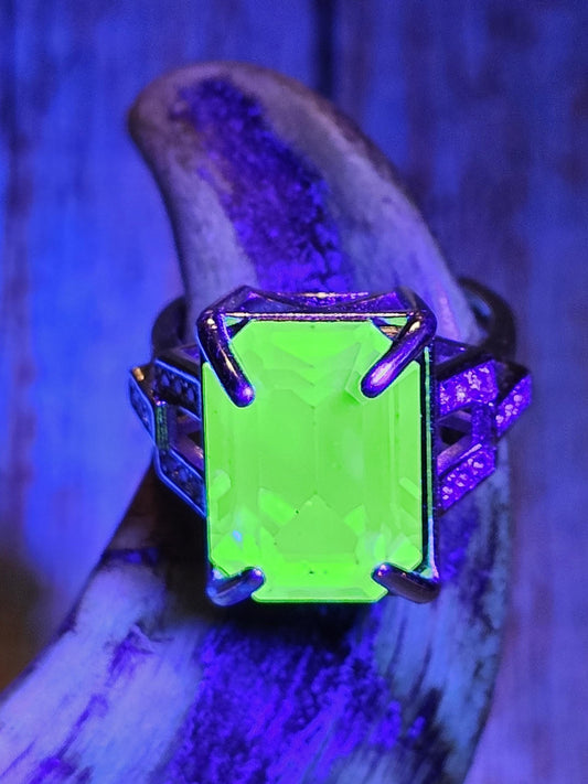 Uranium Glass Emerald cut Ring new Sterling Silver in a size 7 with a vintage 16x12mm  Uranium glass stone that glows under black / UV light