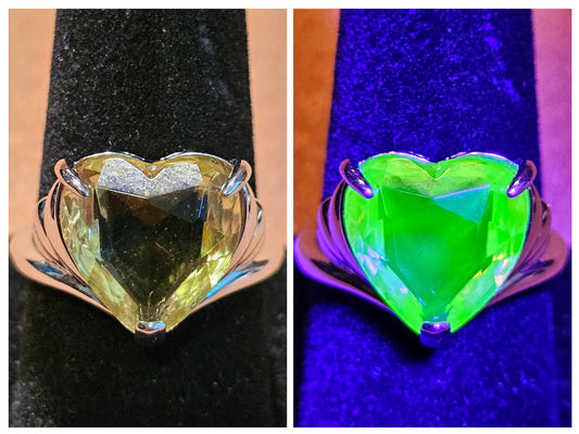Uranium Glass Heart cut Ring size 7, 9.5. New Sterling Silver with vintage 15 mm Yellow Uranium glass stone that glows under black/UV light
