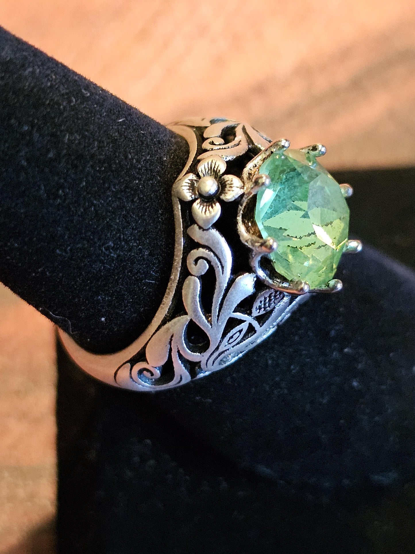 Uranium Glass Round cut Ring size 7. Antique style new Sterling Silver with a vintage Uranium glass stone that glows under black/UV light