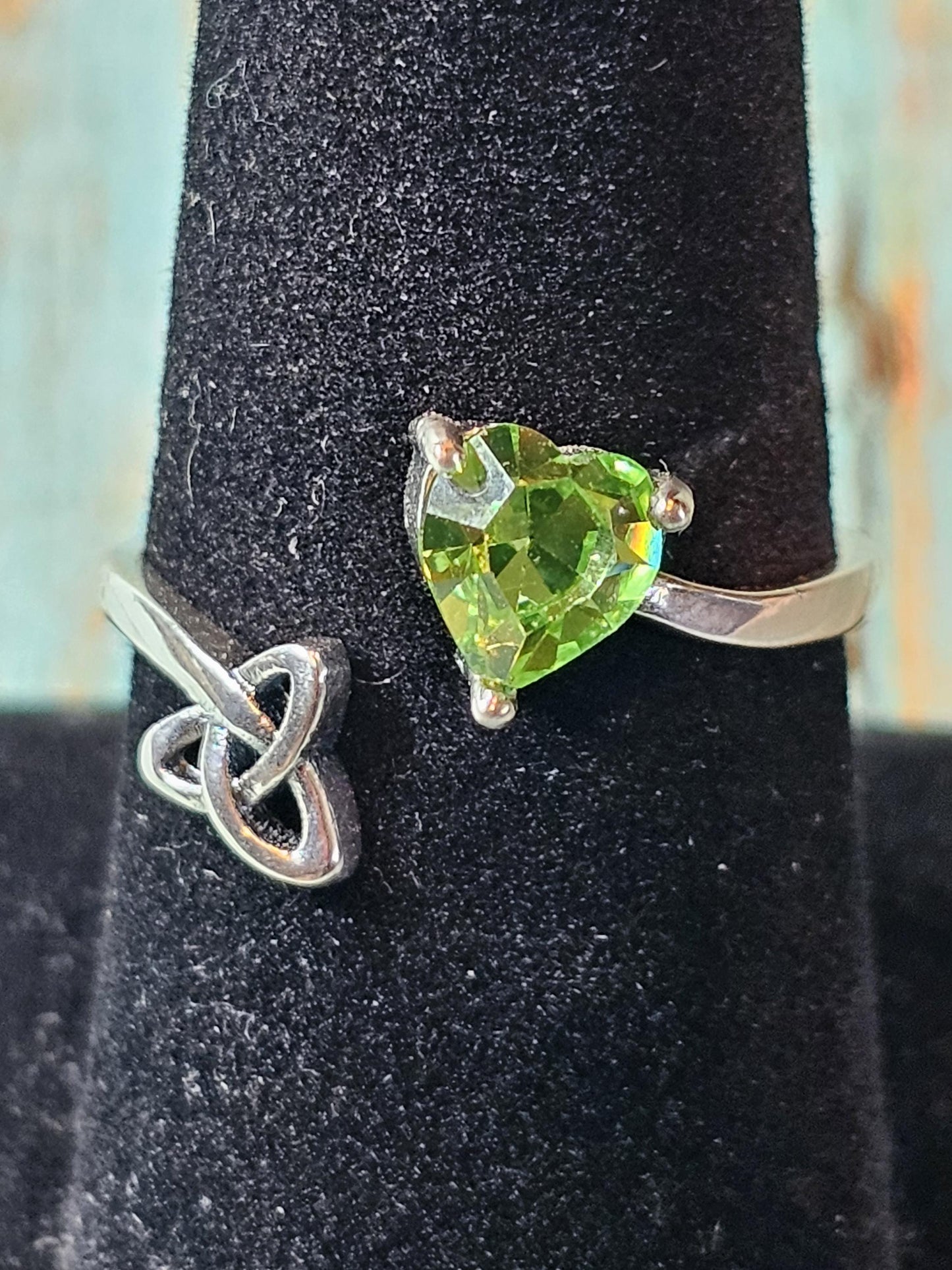 Uranium Glass Heart cut Ring adjustable size Celtic new Sterling Silver with a vintage Uranium glass stone that glows under black  UV light