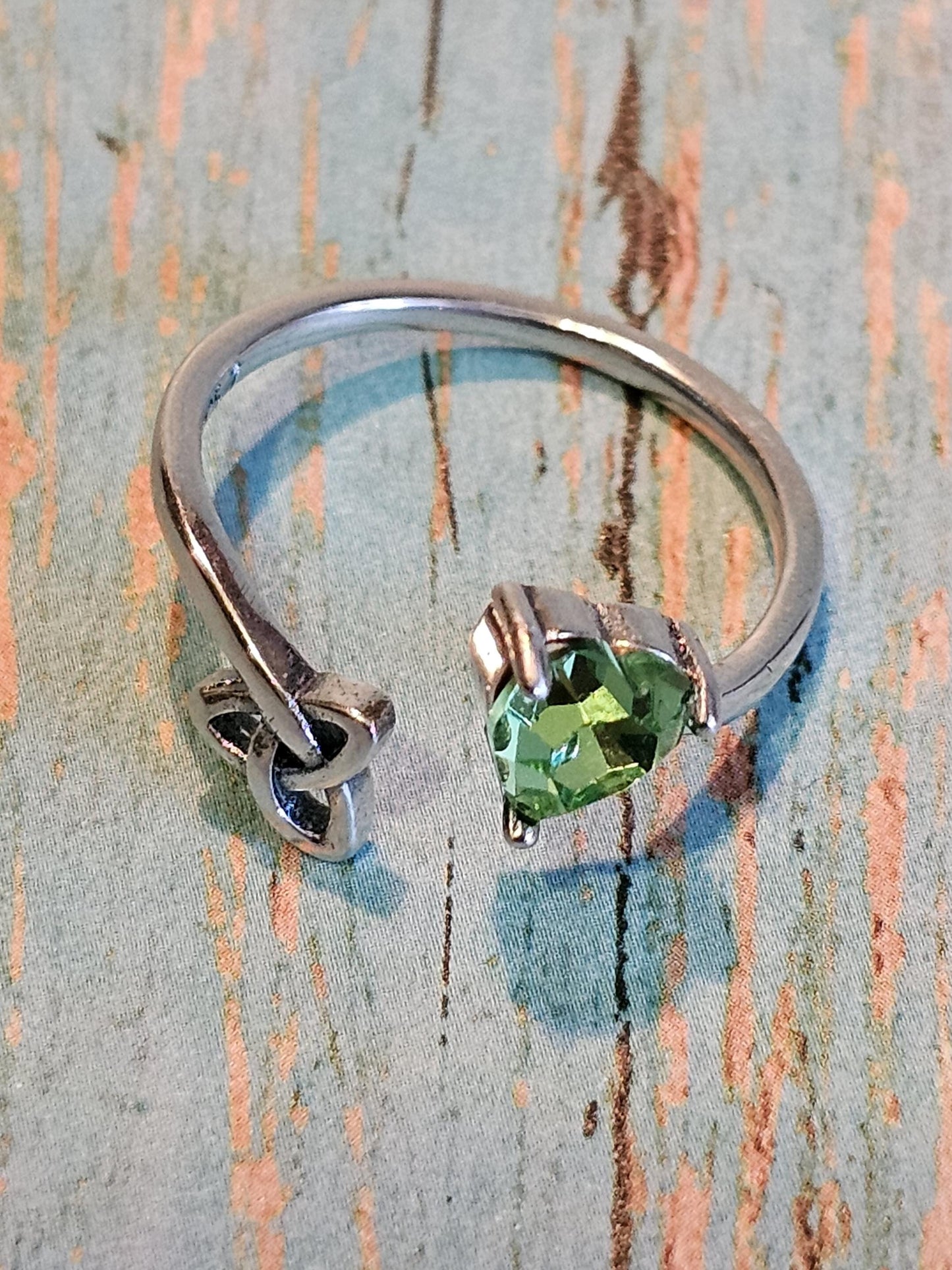 Uranium Glass Heart cut Ring adjustable size Celtic new Sterling Silver with a vintage Uranium glass stone that glows under black  UV light