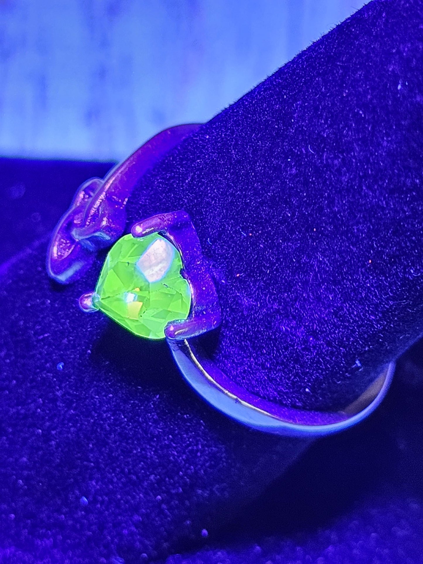 Uranium Glass Heart cut Ring adjustable size Celtic new Sterling Silver with a vintage Uranium glass stone that glows under black  UV light