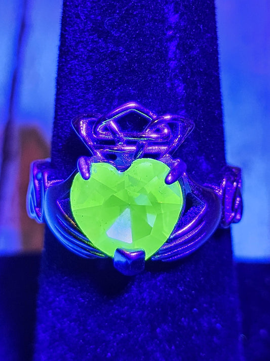 Uranium Glass Heart cut Claddagh Ring in size 7 new Sterling Silver with a vintage 10 mm Uranium glass stone that glows under black/UV light